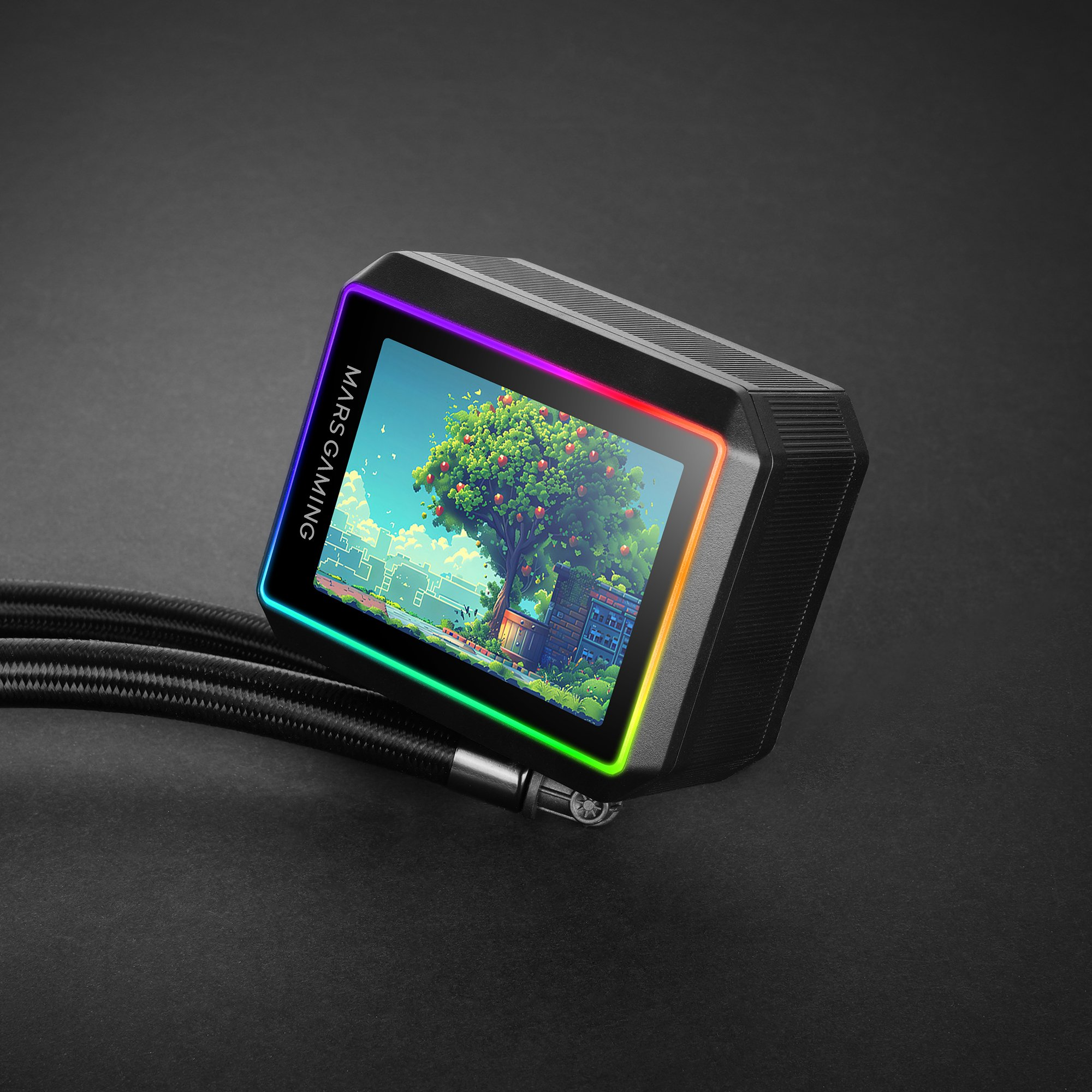 Dissipatore a liquido MARS GAMING nero con uno schermo che mostra una scena a cartoni animati di un albero. Ha un bordo luminoso arcobaleno e tubi neri.