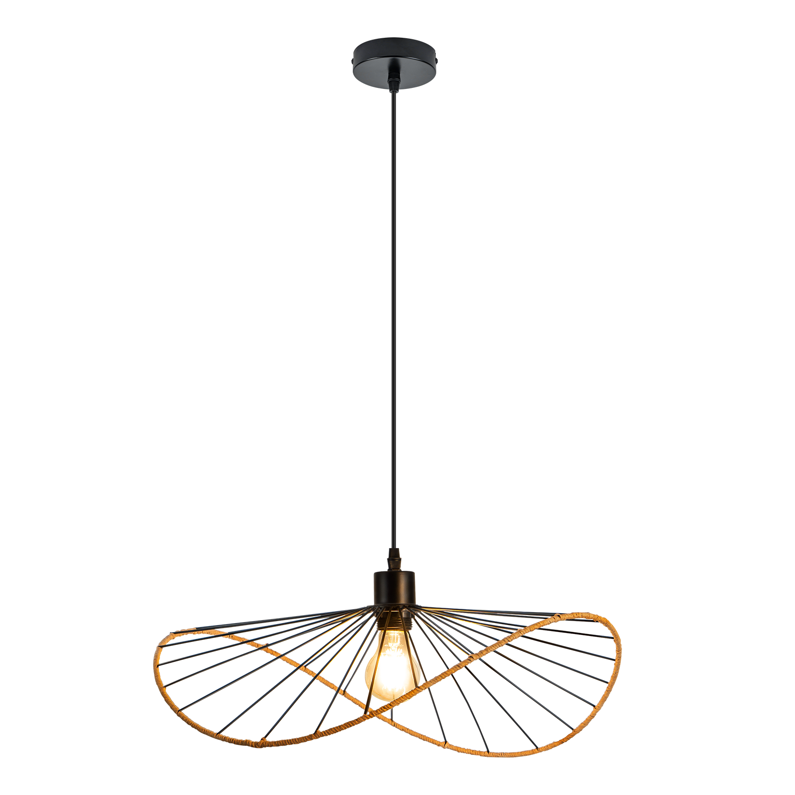 Eine moderne Pendelleuchte mit schwarzem Rahmen und dekorativem Design, mit einer Glühbirne in der Mitte.