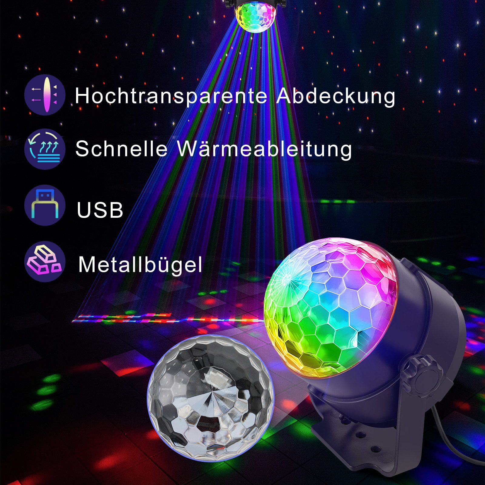 Kula dyskotekowa z kolorowymi światłami. Widać drugą kulę i ikony tekstowe. Tło jest ciemne z gwiazdami.