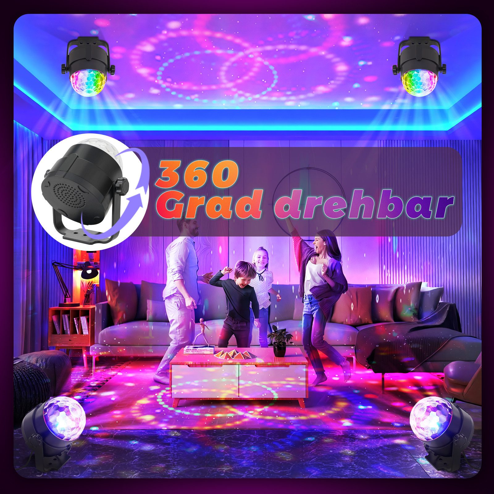 Rodzina tańcząca pod światłami dyskotekowymi, z kolorowymi wzorami na podłodze i suficie. Widoczna jest również reklama produktu.