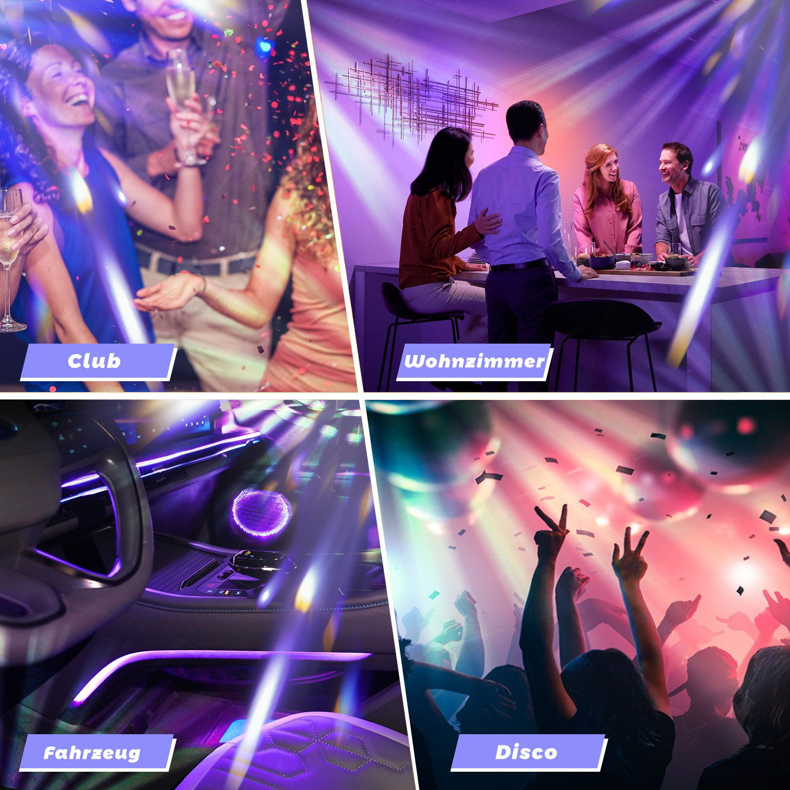 Obraz przedstawia sceny: klub z konfetti, salon z ludźmi, wnętrze samochodu z fioletowymi światłami i dyskoteka.