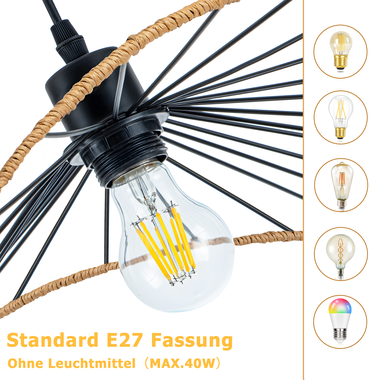 Nahaufnahme einer schwarzen Lampe mit klarer Glühbirne. Der Rahmen ist schwarz mit einem braunen Seil. Text: Standard E27 Fassung.