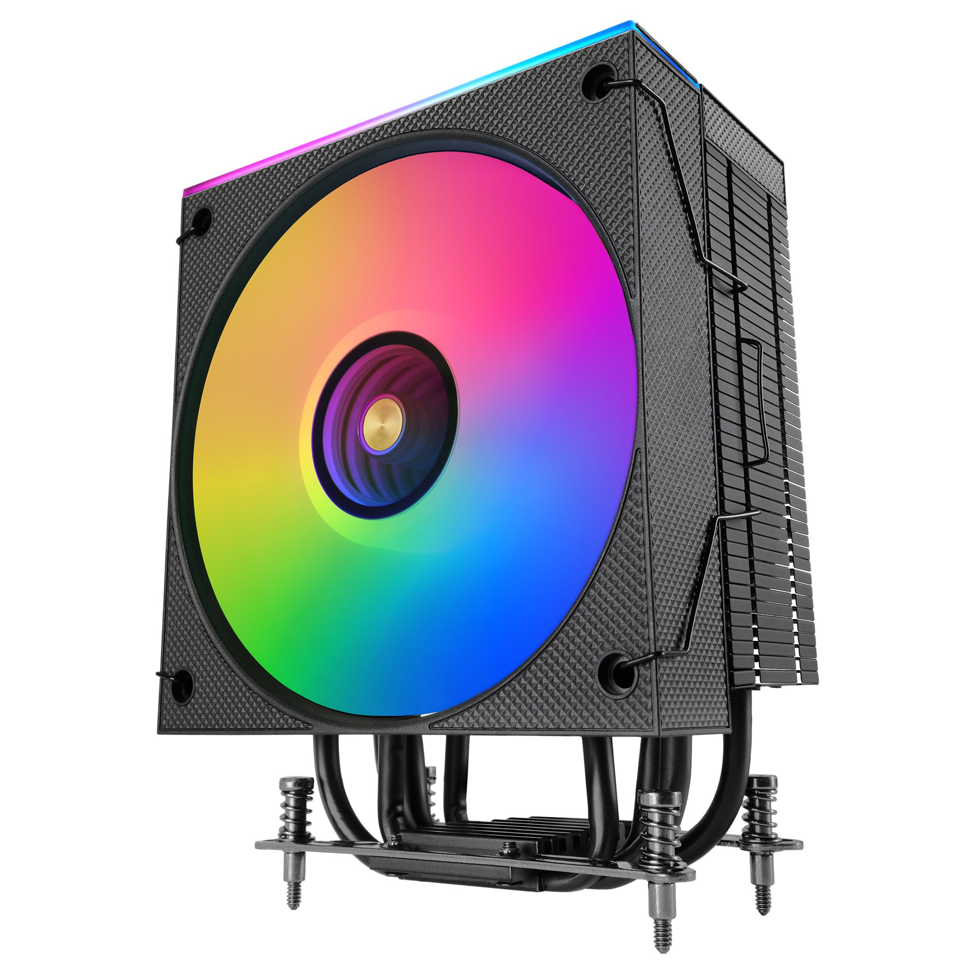 Un enfriador de CPU de computadora con un ventilador de arcoíris al frente y un disipador de calor negro atrás, aislado en blanco.