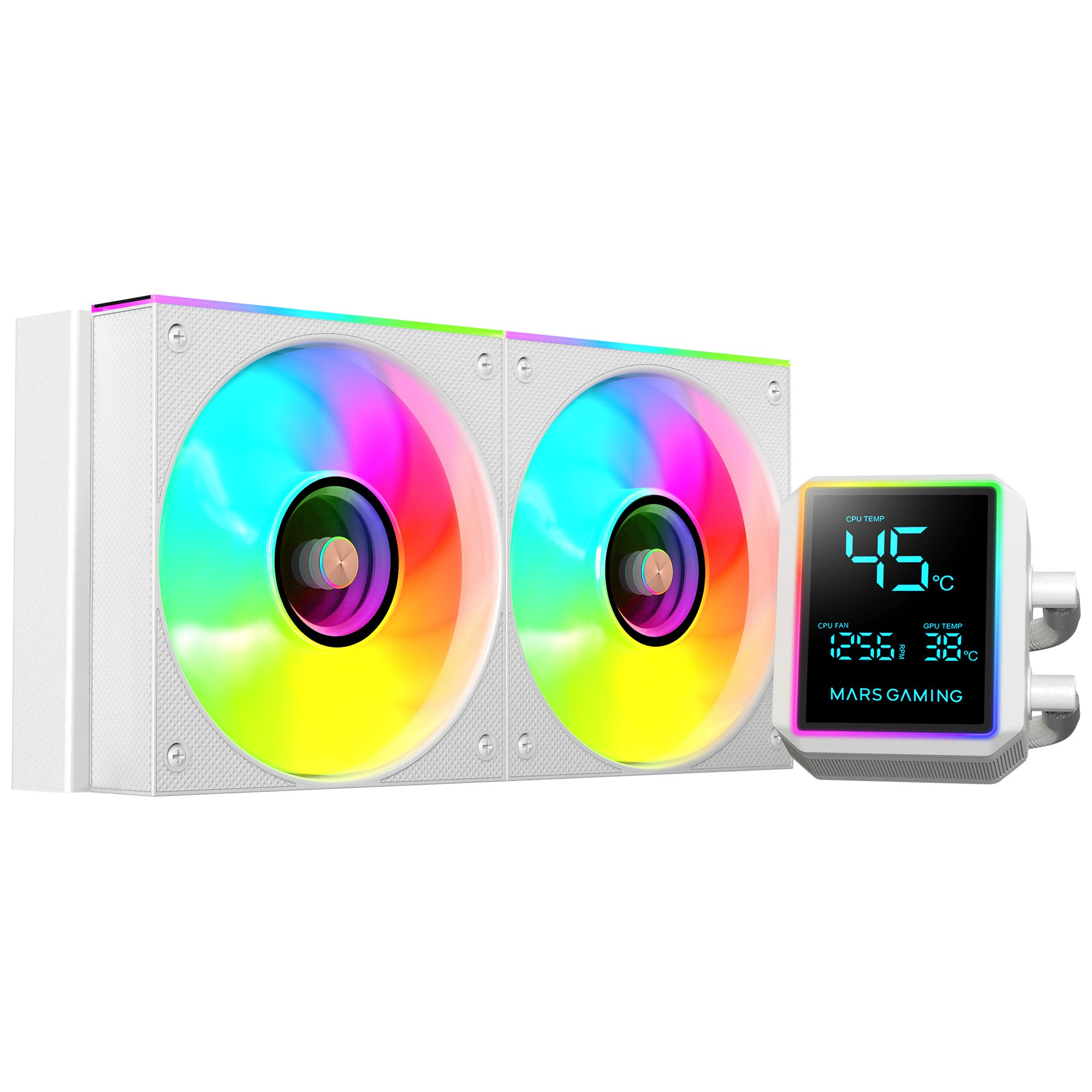 Un sistema di raffreddamento per computer bianco con ventole arcobaleno e un display digitale che mostra le temperature. Il marchio è Mars Gaming.