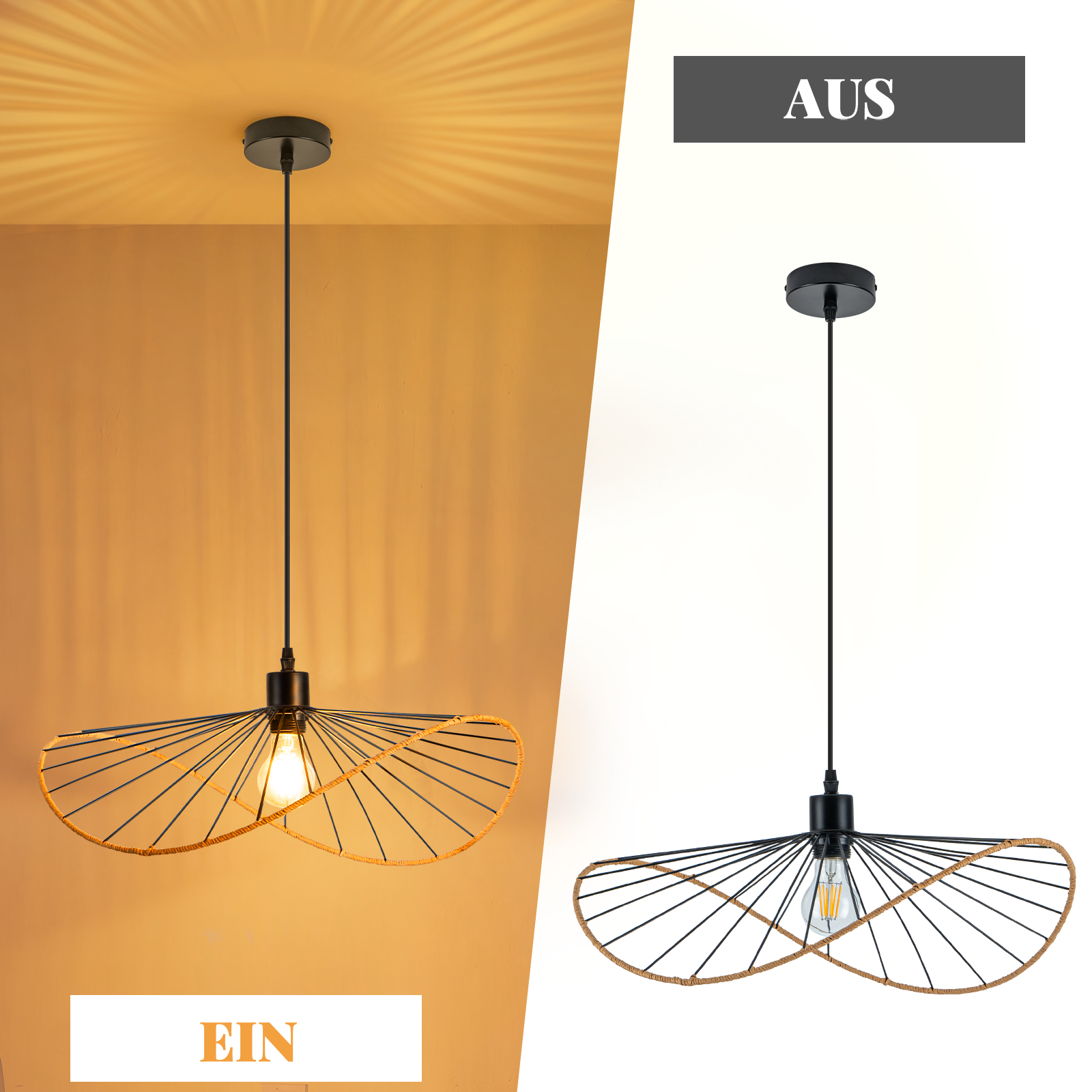 Eine moderne Pendelleuchte mit schwarzem Rahmen und Glühbirne. Eine Seite ist an, die andere aus. Der Hintergrund ist eine Wand.