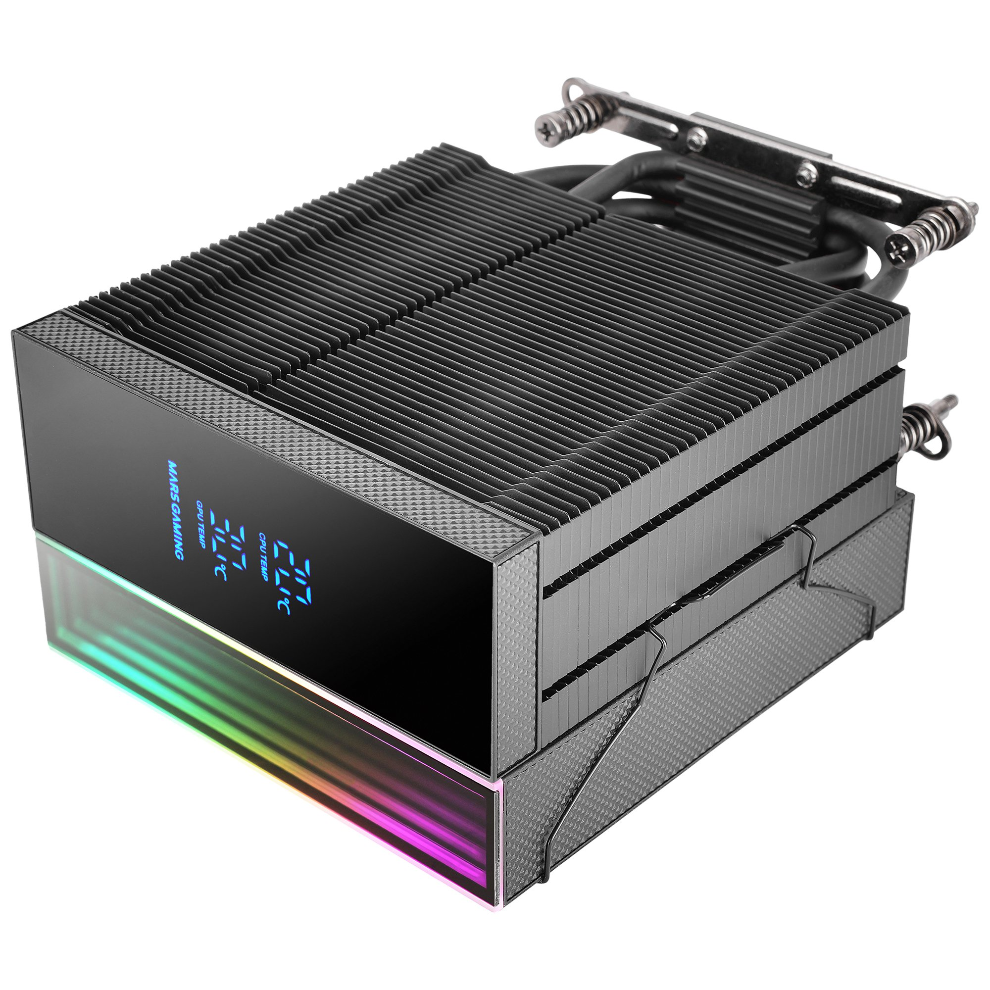 Enfriador de CPU negro con pantalla digital de temperatura, con luces LED arcoíris en la base.