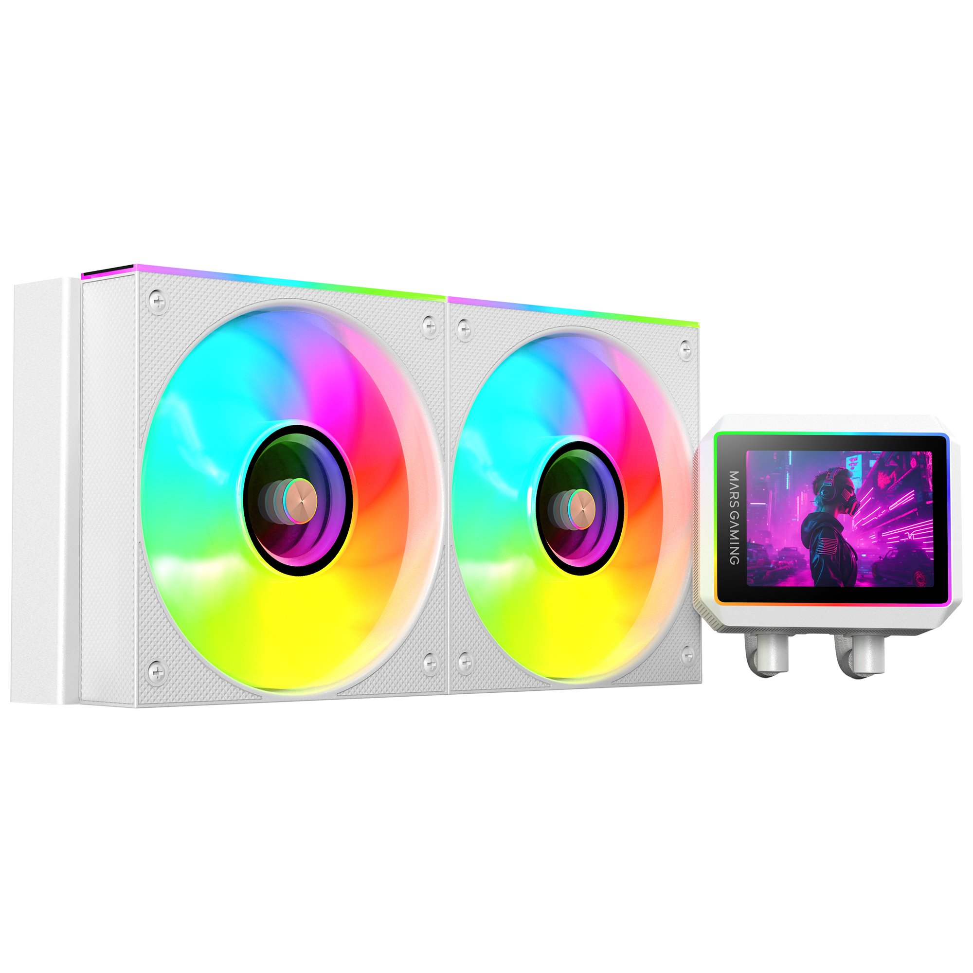 Dissipatore per computer bianco con due ventole che mostrano colori arcobaleno, più uno schermo con una persona davanti a una città.