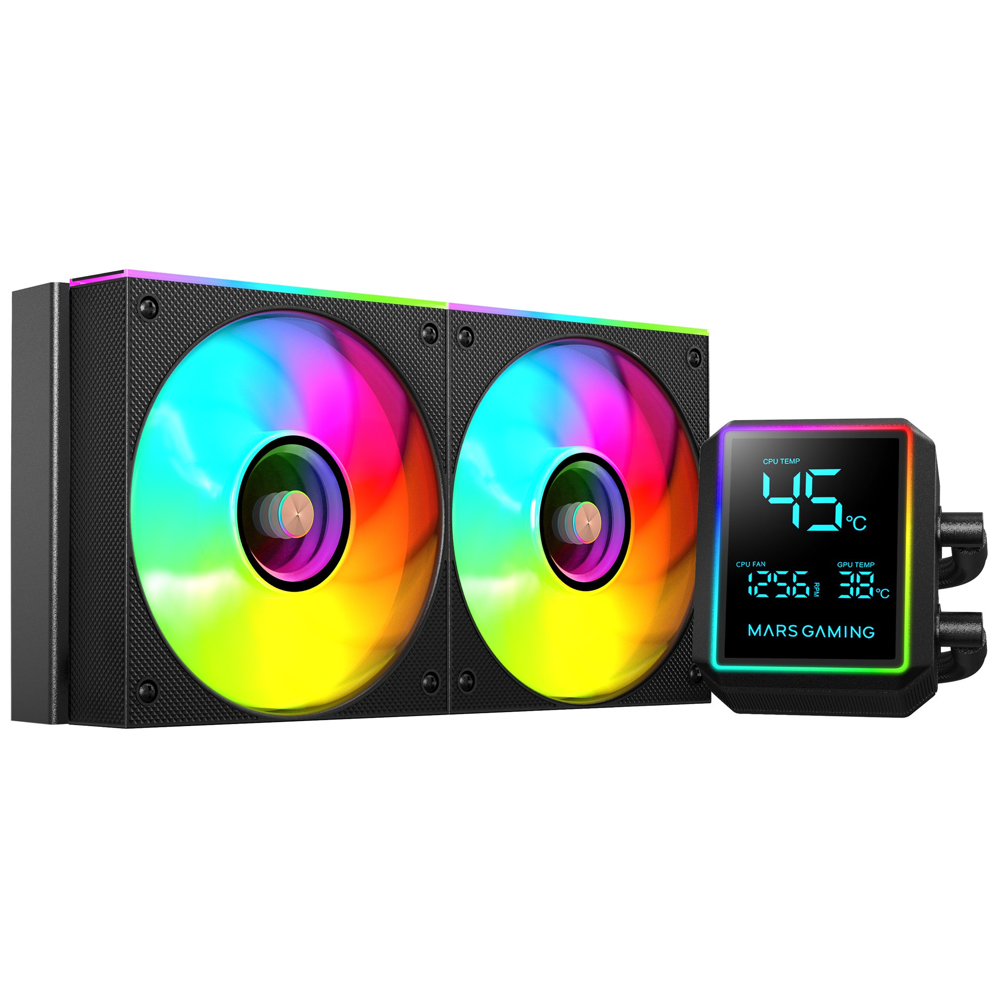 Un refrigerador líquido para computadora con dos ventiladores que muestran colores del arcoíris. Una pantalla muestra las temperaturas de la CPU y la GPU.