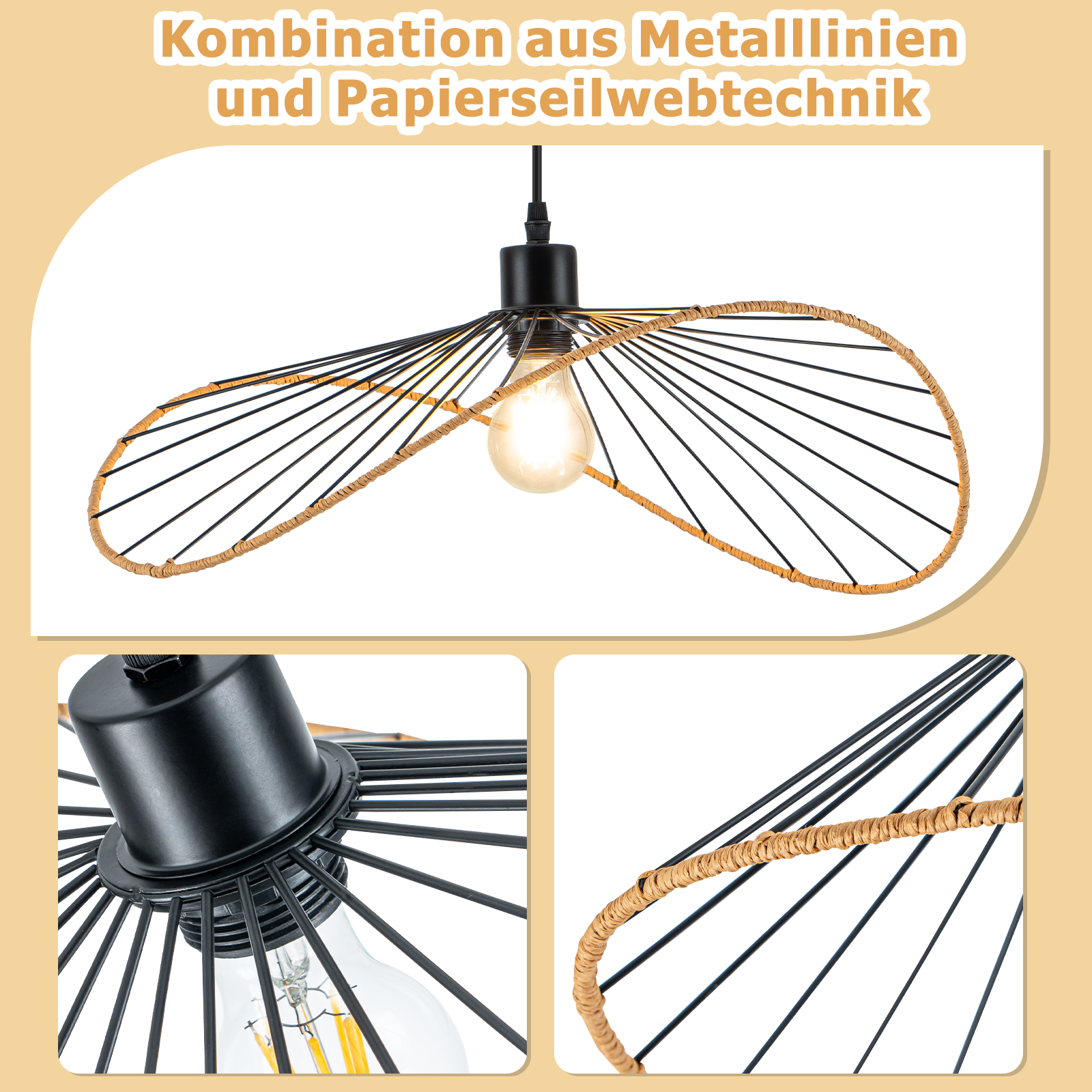 Eine moderne Pendelleuchte mit schwarzen Metalllinien und einem gewebten Papierseil-Design. In der Mitte befindet sich eine Glühbirne.