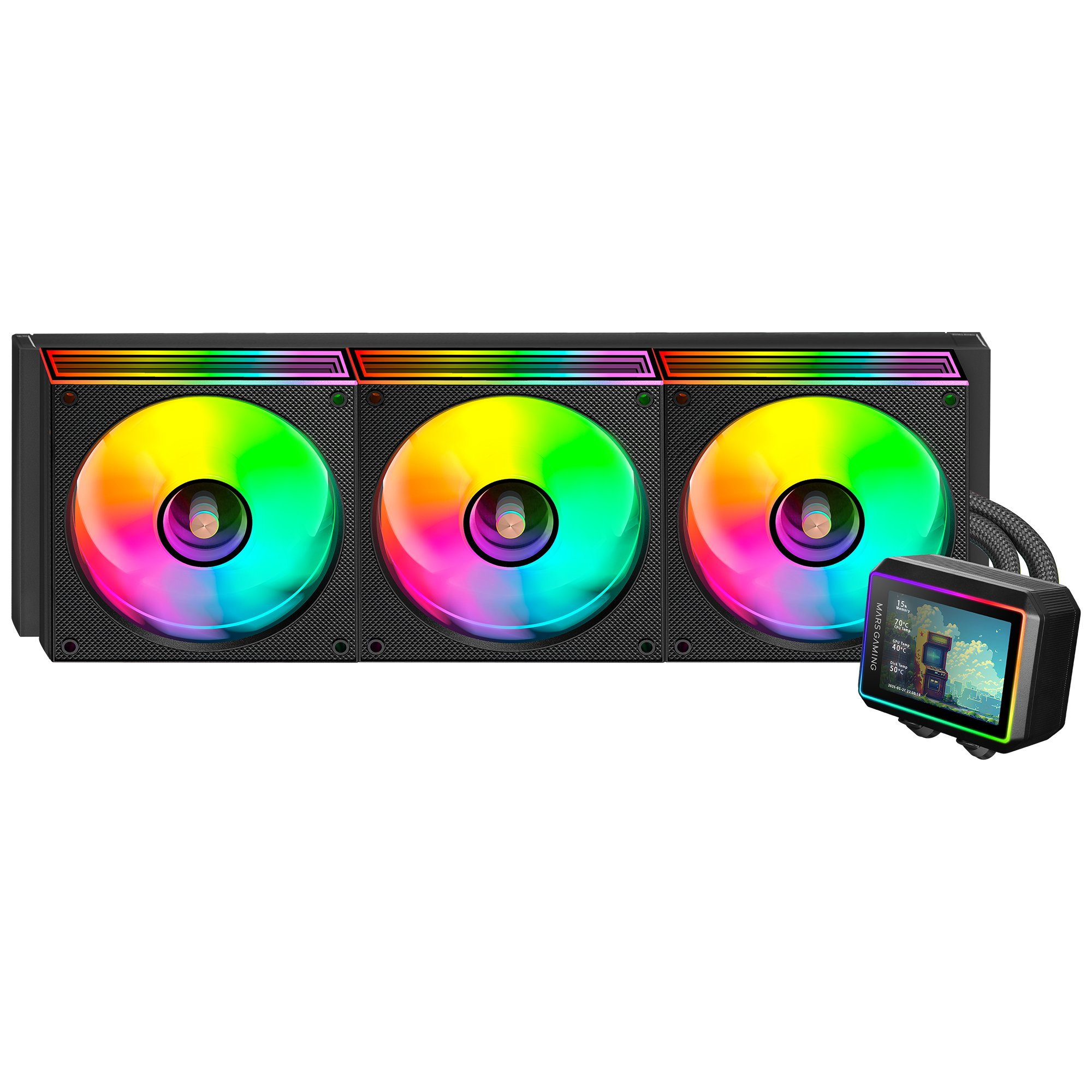 Un dissipatore a liquido per computer con tre ventole RGB e un piccolo schermo che mostra le informazioni di sistema.