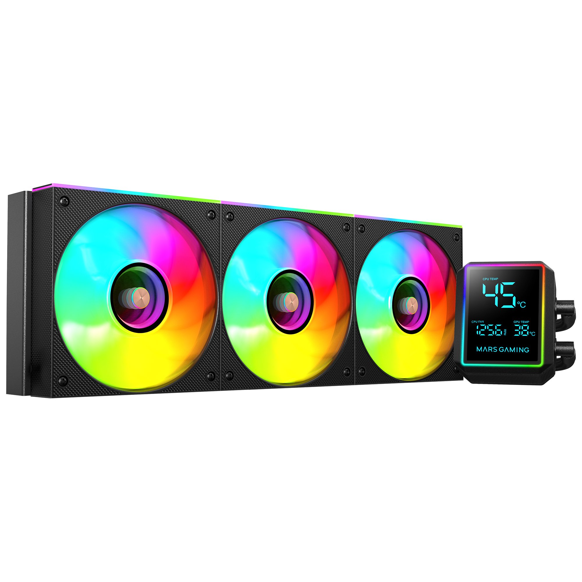 Un dissipatore a liquido per computer con tre ventole RGB e un display digitale che mostra le informazioni su CPU e GPU.