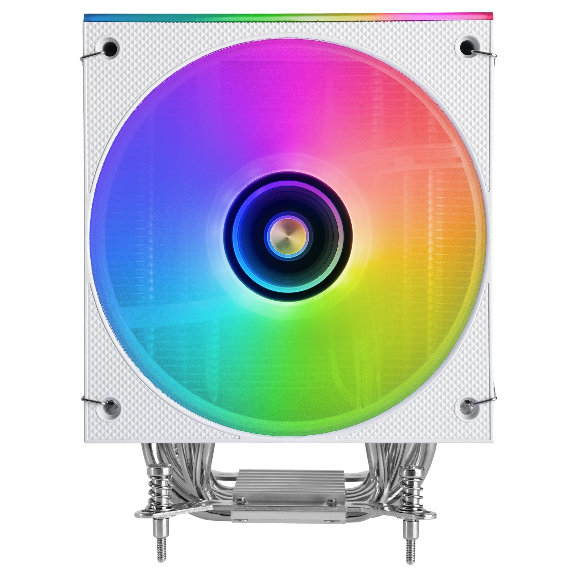 Un enfriador de computadora con un ventilador de arcoíris. El marco es blanco. El ventilador es un círculo en el centro. El fondo es blanco.
