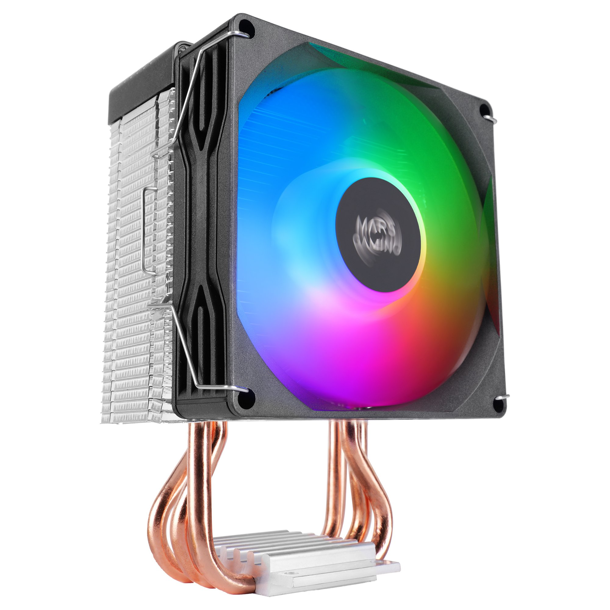 Un enfriador de CPU para computadora con un ventilador colorido. El enfriador tiene aletas plateadas, marco negro y tubos de cobre.