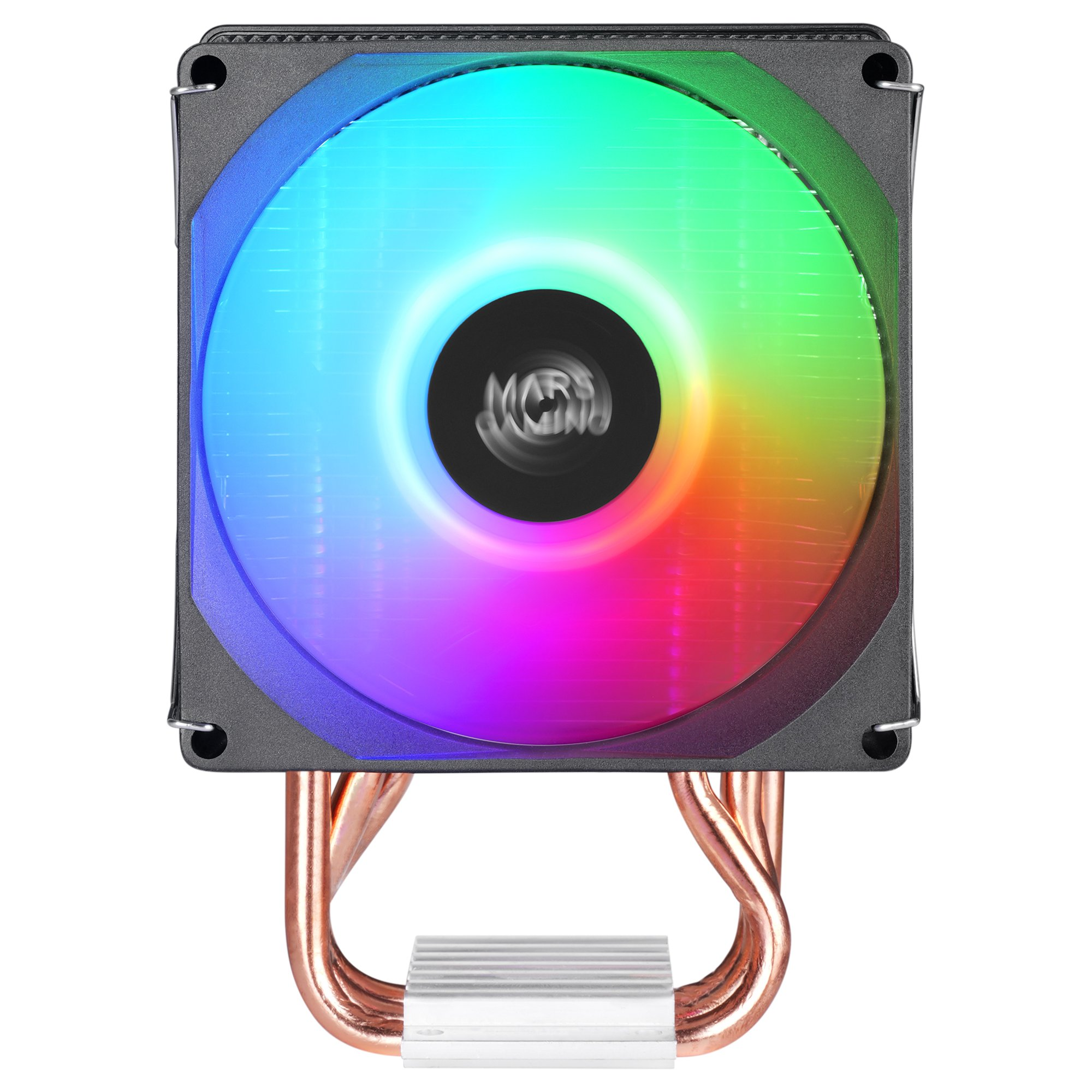 Un enfriador de CPU con ventilador colorido y tubos de cobre sobre fondo blanco.