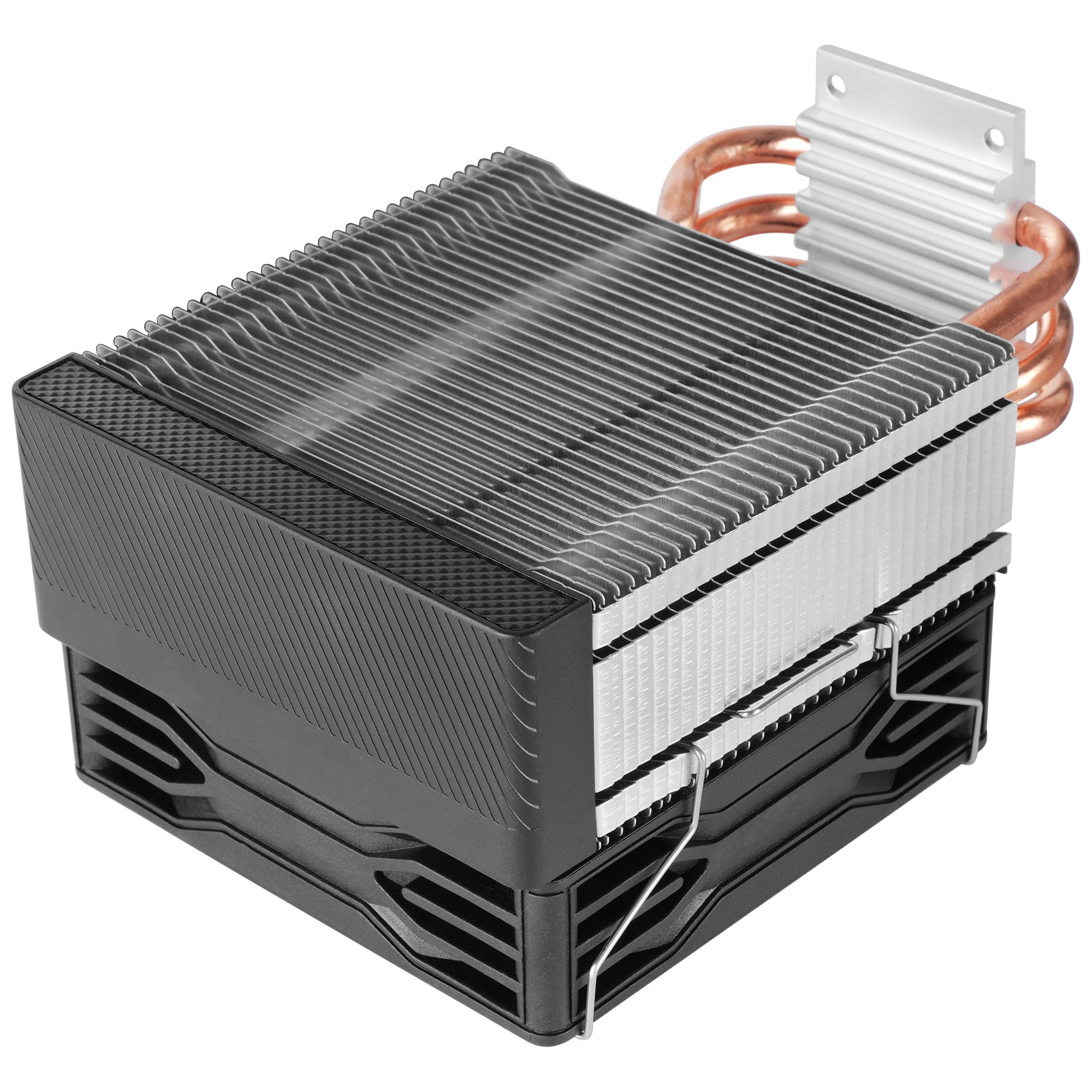 Un enfriador de CPU de computadora con aletas plateadas, base negra y tubos de calor de cobre.