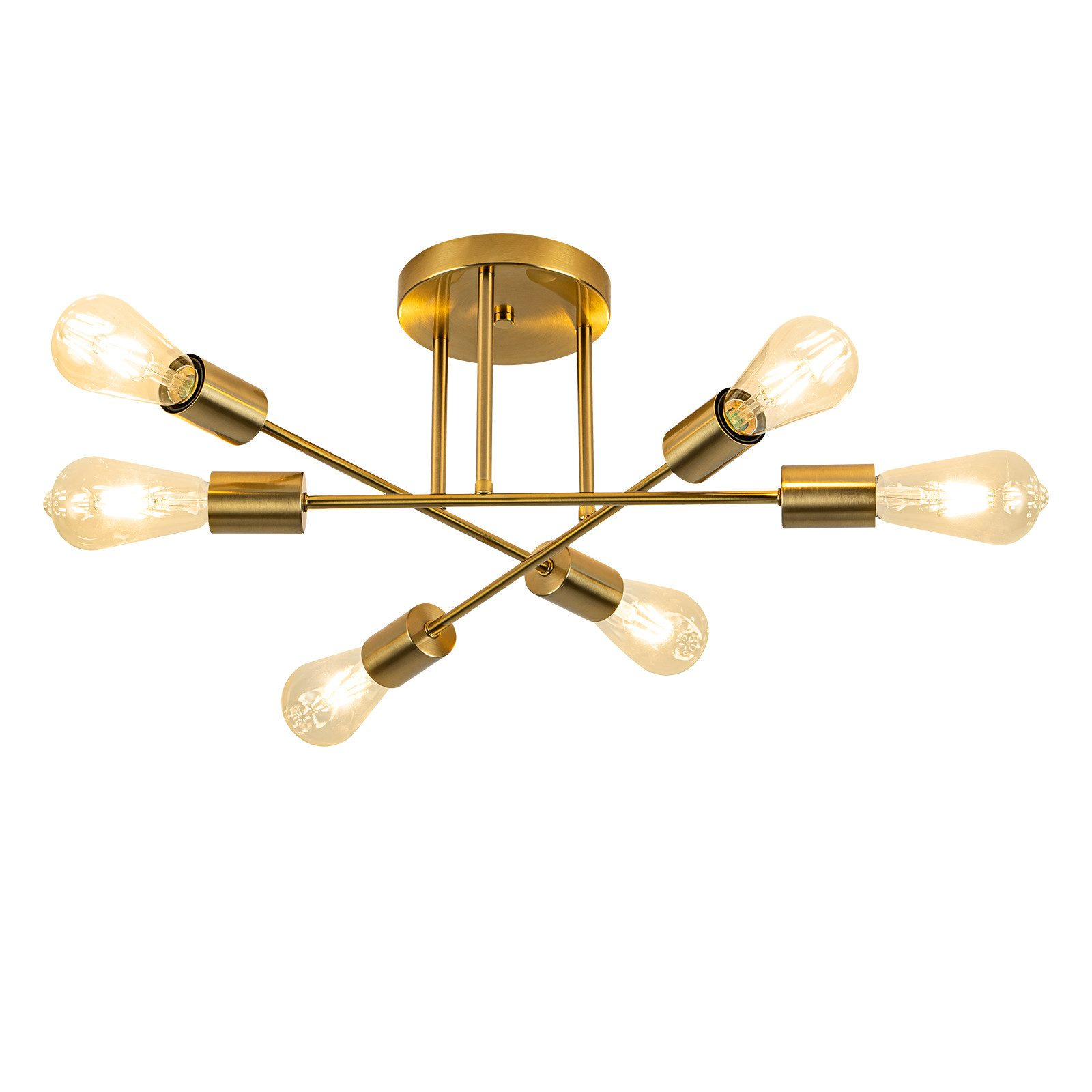 Złota lampa sufitowa z sześcioma odsłoniętymi żarówkami na białym tle.