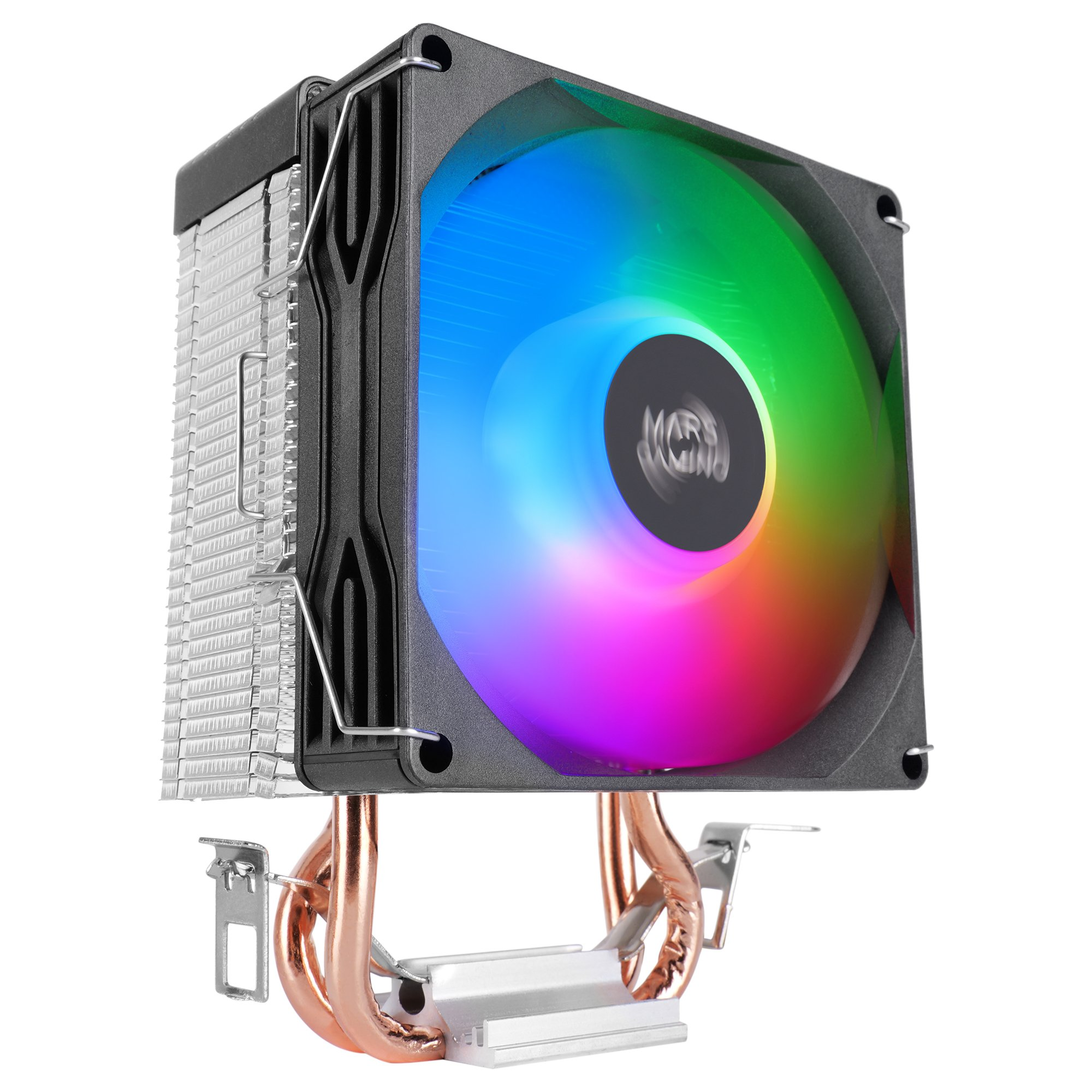 Un enfriador de CPU con ventilador multicolor. Se ven tubos de cobre y aletas metálicas, junto con el logotipo de Mars Gaming.