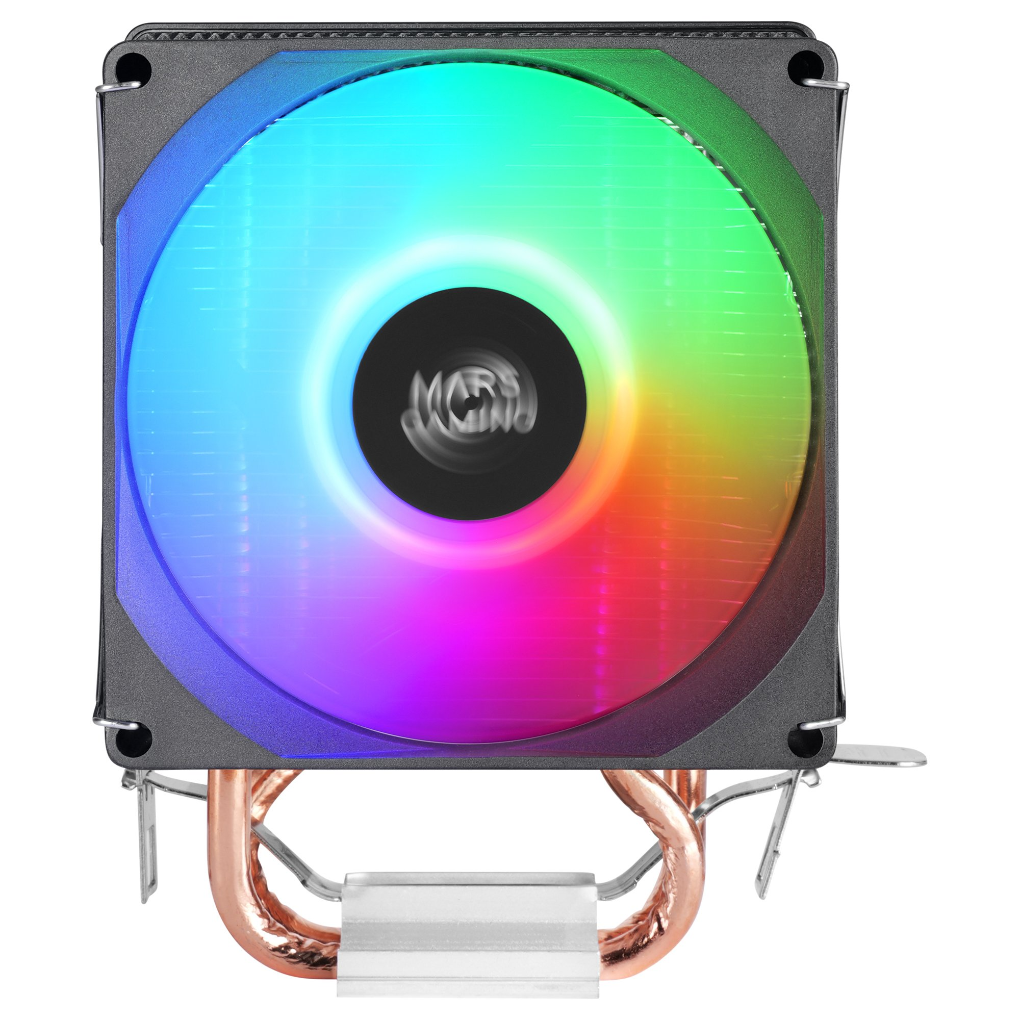 Un enfriador de CPU con un ventilador que muestra un arcoíris de colores. Se ven tubos de cobre y un soporte metálico.