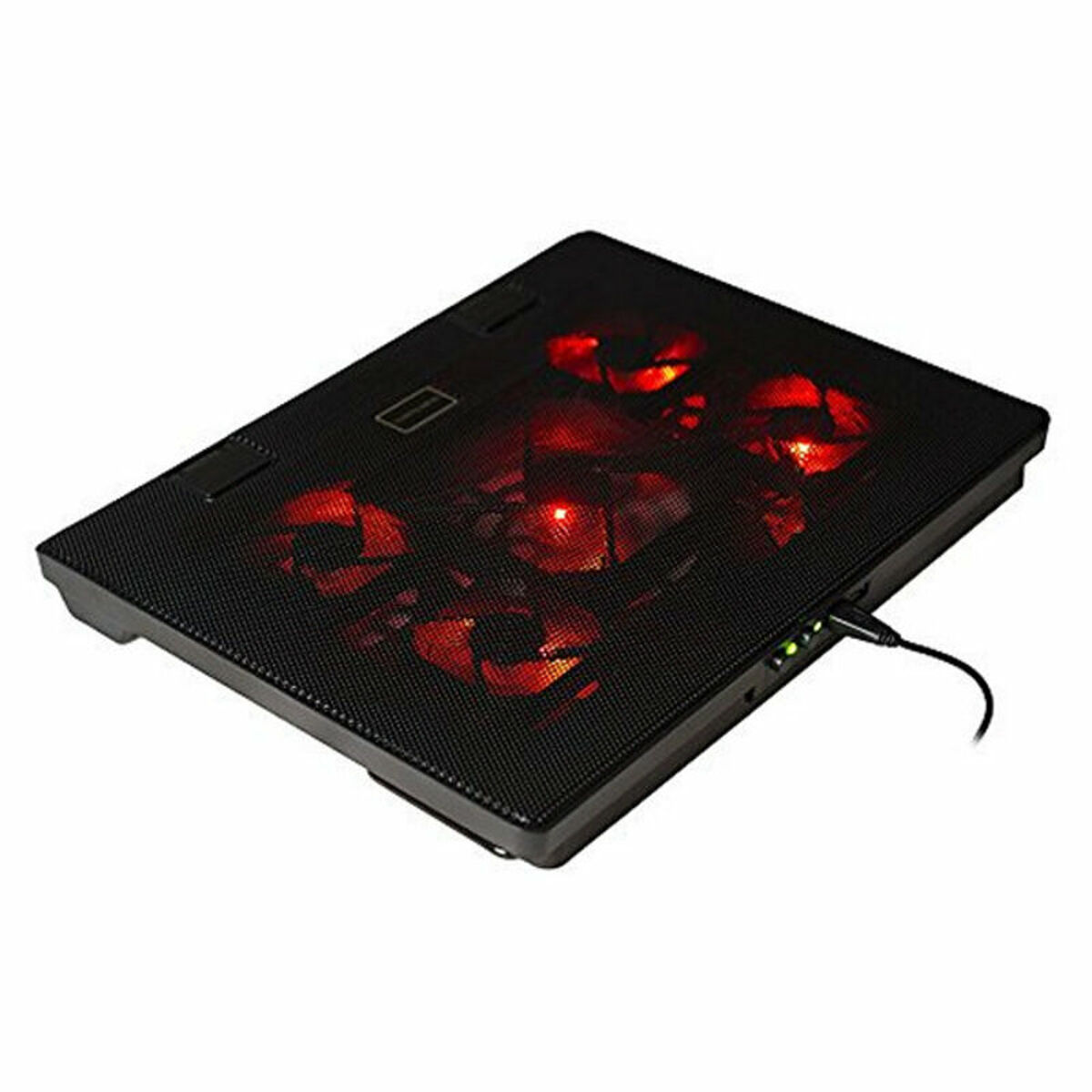 Enfriador de portátil negro con luces LED rojas. Tiene una superficie de malla y un cable USB conectado.