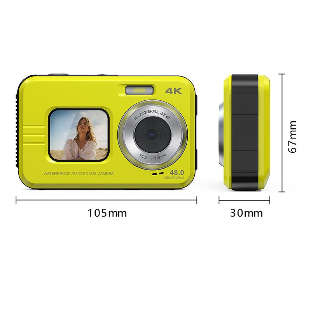 Fotocamera gialla impermeabile. Mostra l'immagine di una donna. Specifiche: 4K, zoom 16X, 48MP. Dimensioni: 105x67x30mm.