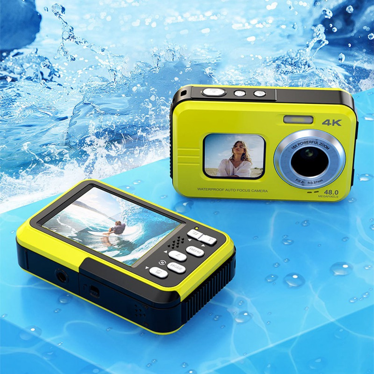 Due fotocamere gialle impermeabili, una con schermo che mostra un surfista e l'altra con la foto di una donna. Sfondo d'acqua.