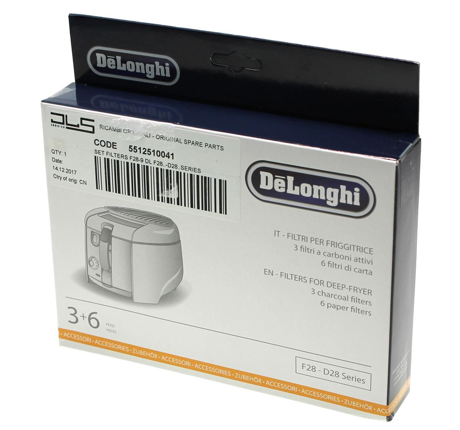 DeLonghi-Box mit einem Fritteusenbild und Textetiketten zu Filtern. Die Box ist weiß mit schwarzen und grauen Elementen.