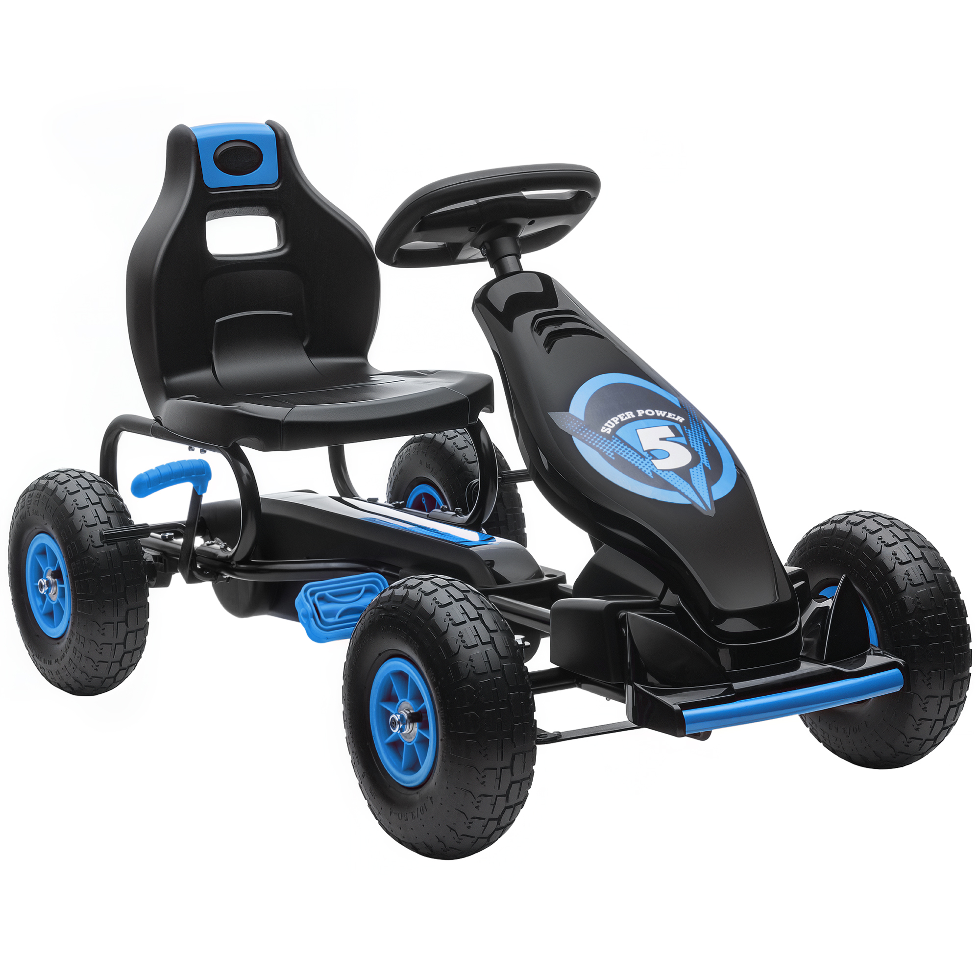 Un go-kart a pedali nero e blu. Ha quattro ruote, un volante e un sedile. È su sfondo bianco.