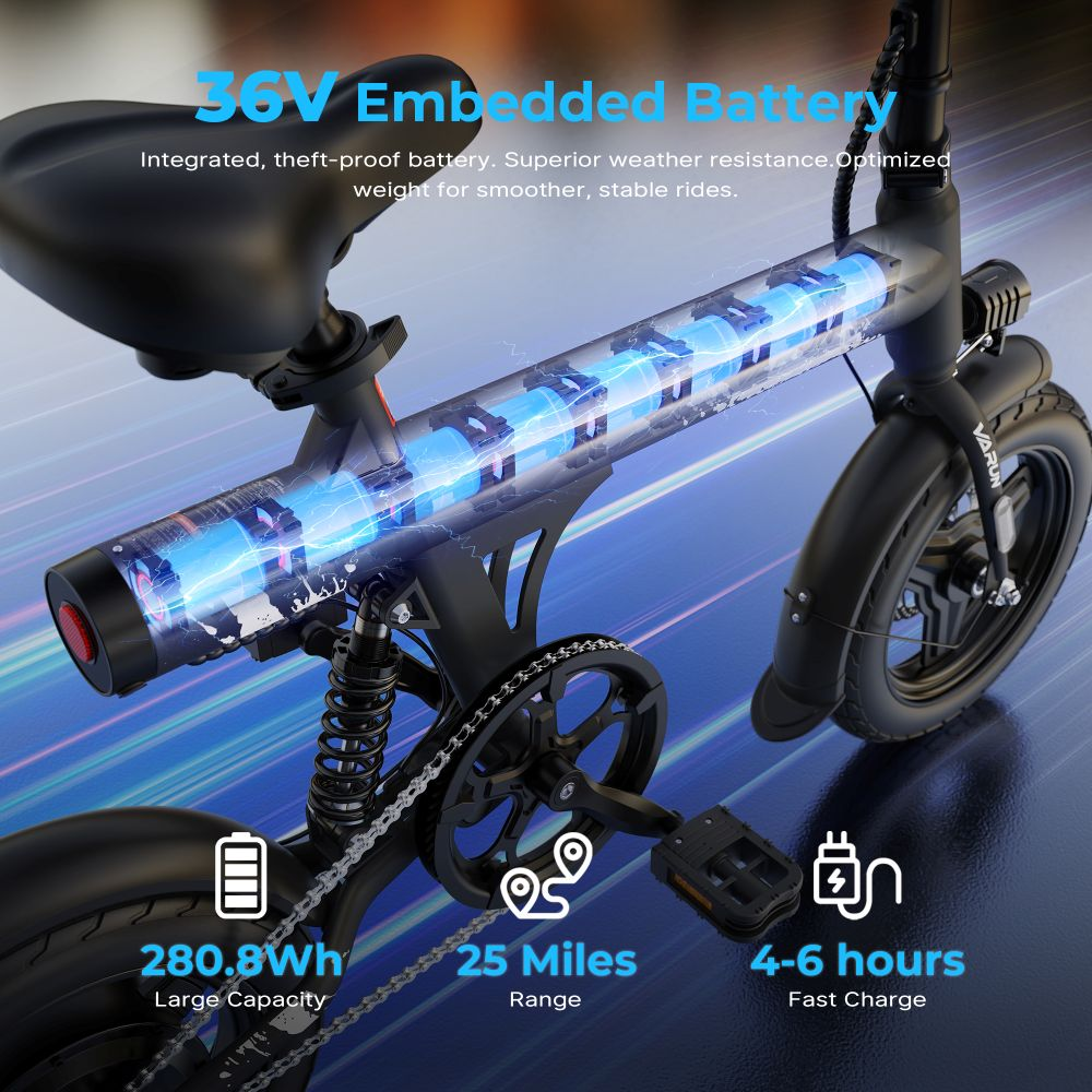 Un patinete eléctrico negro con batería integrada de 36 V. Tiene una gran capacidad de 280,8 Wh, una autonomía de 25 millas y carga rápida.