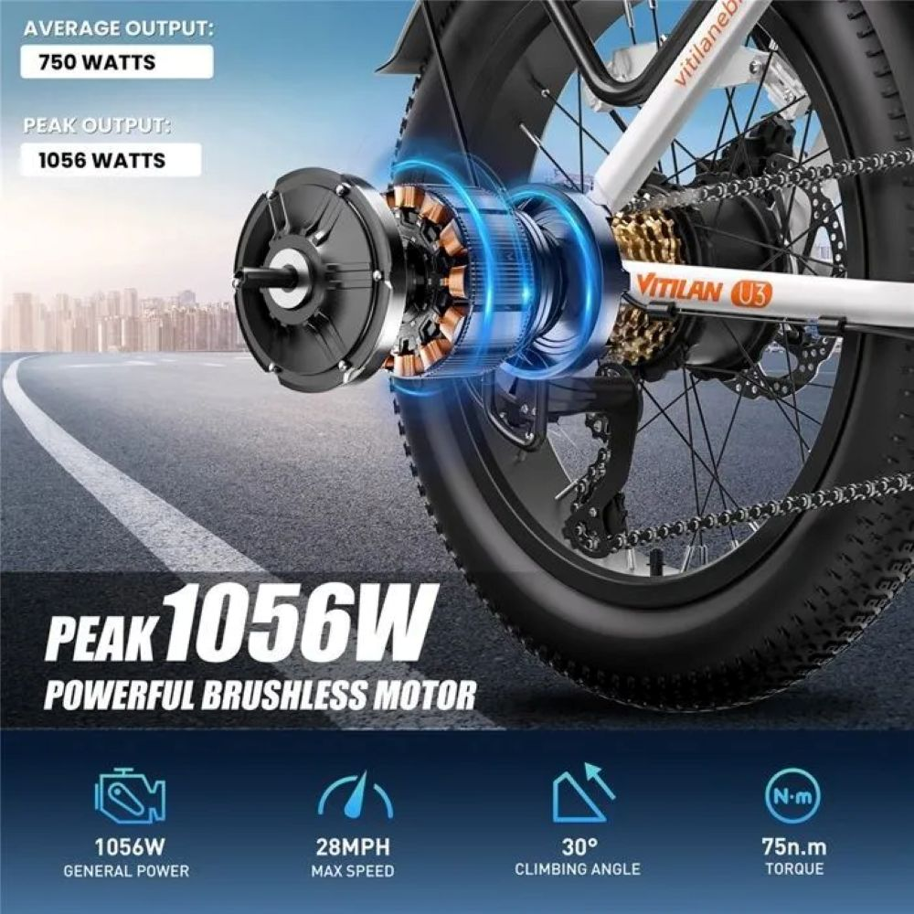 Se muestra una rueda de bicicleta eléctrica con un potente motor sin escobillas, junto con especificaciones de rendimiento como potencia y velocidad.