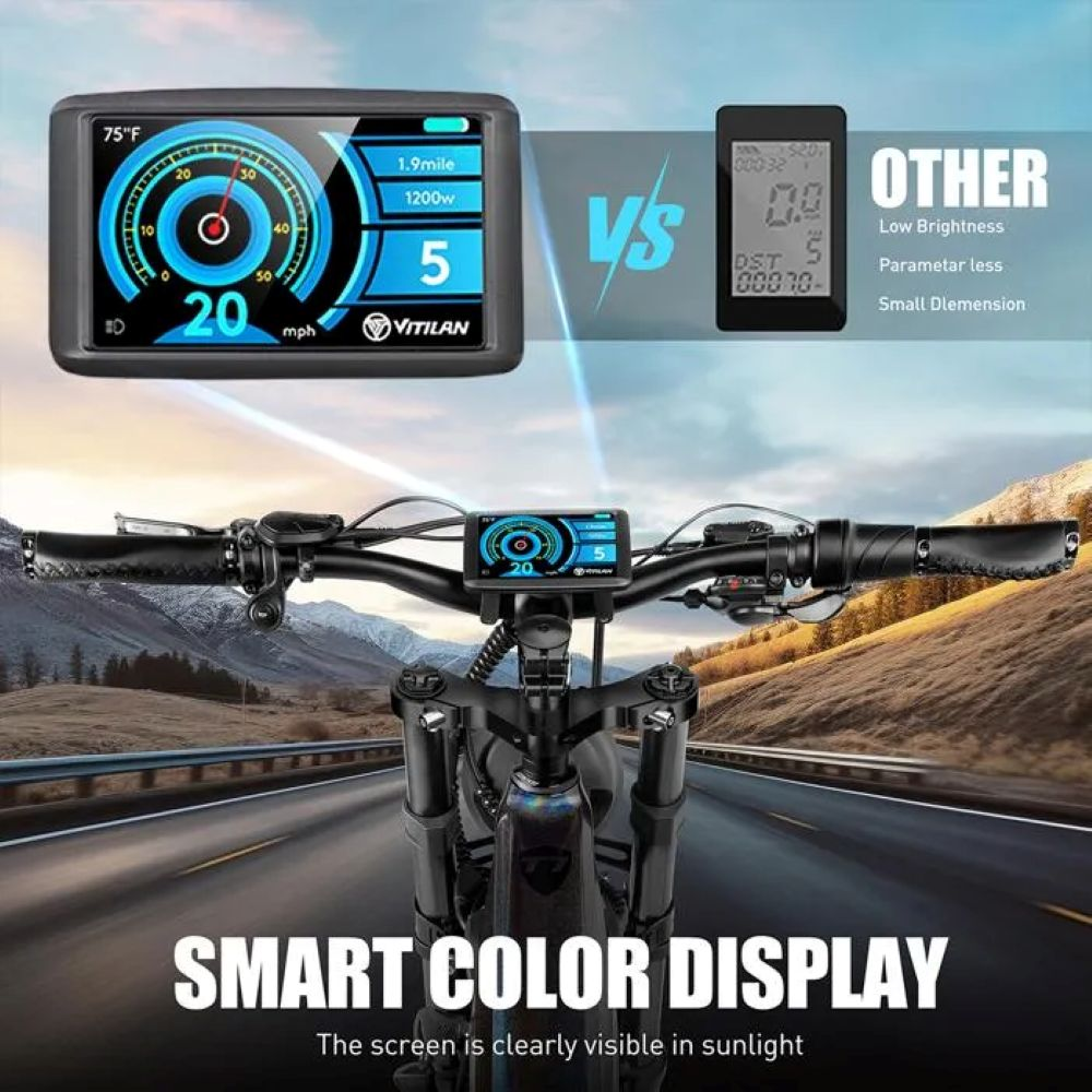Manillar de bicicleta con pantalla digital que muestra velocidad, temperatura y otros datos, contrastado con una pantalla más pequeña.