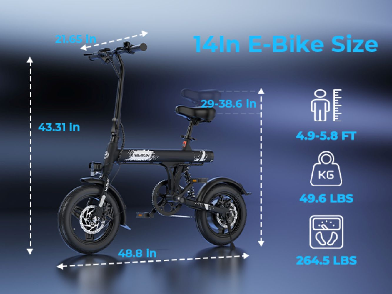 Bicicleta eléctrica Varun negra con dimensiones. Muestra detalles de tamaño y peso, incluyendo altura, ancho y capacidad de peso.