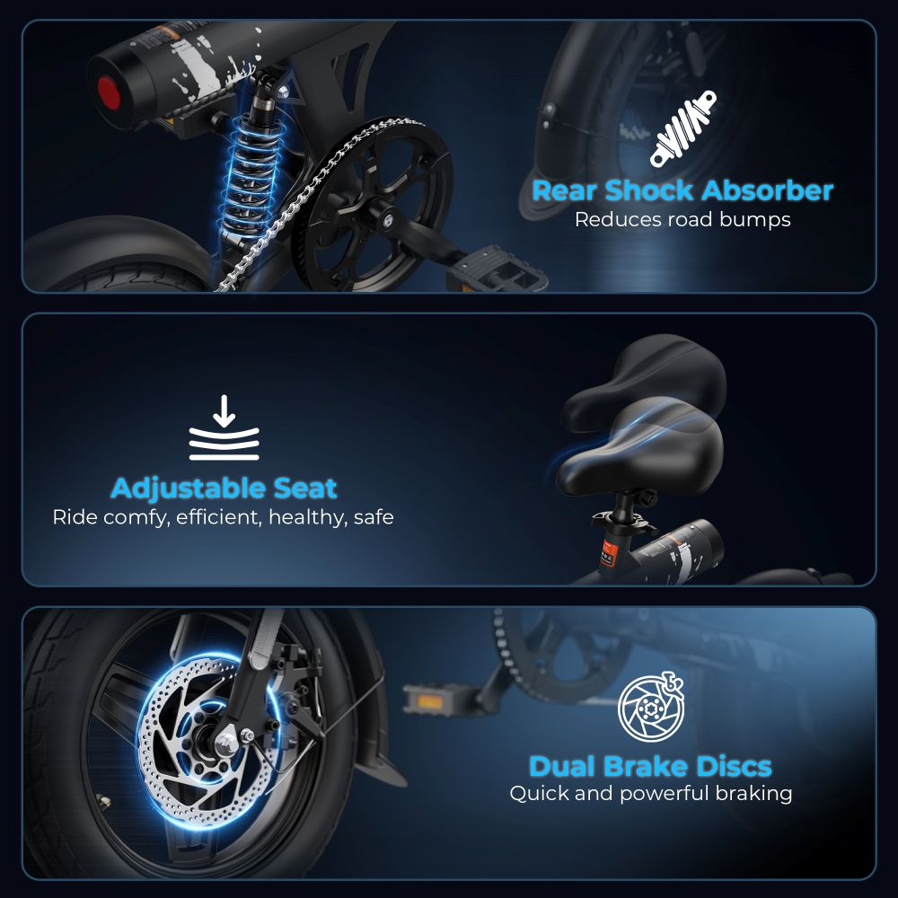 Imagen muestra partes de una e-bike negra: amortiguador trasero, asiento ajustable y discos de freno duales. El texto destaca funciones.