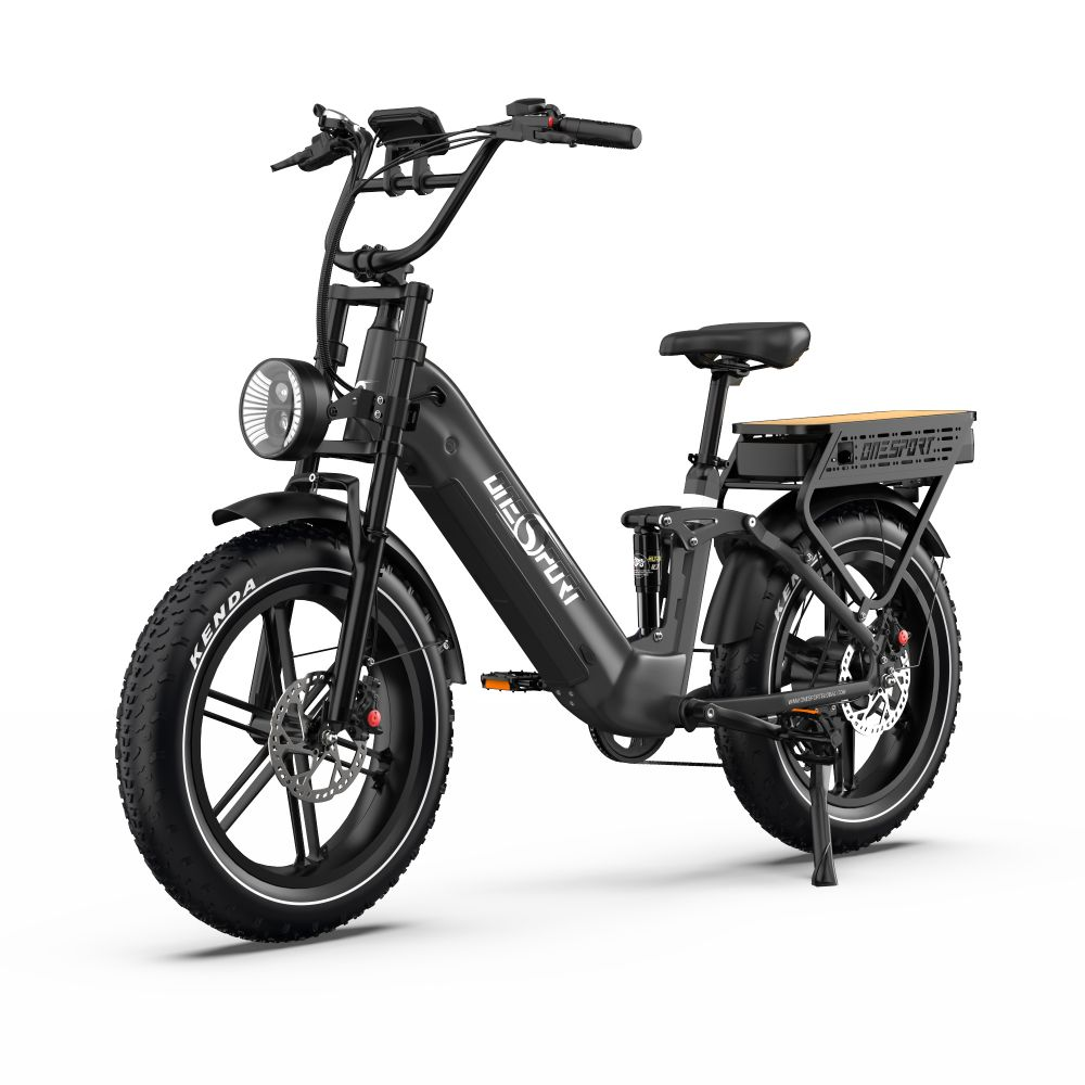 Bicicleta eléctrica negra con neumáticos gruesos, faro y portaequipajes sobre la rueda trasera, sobre fondo blanco.