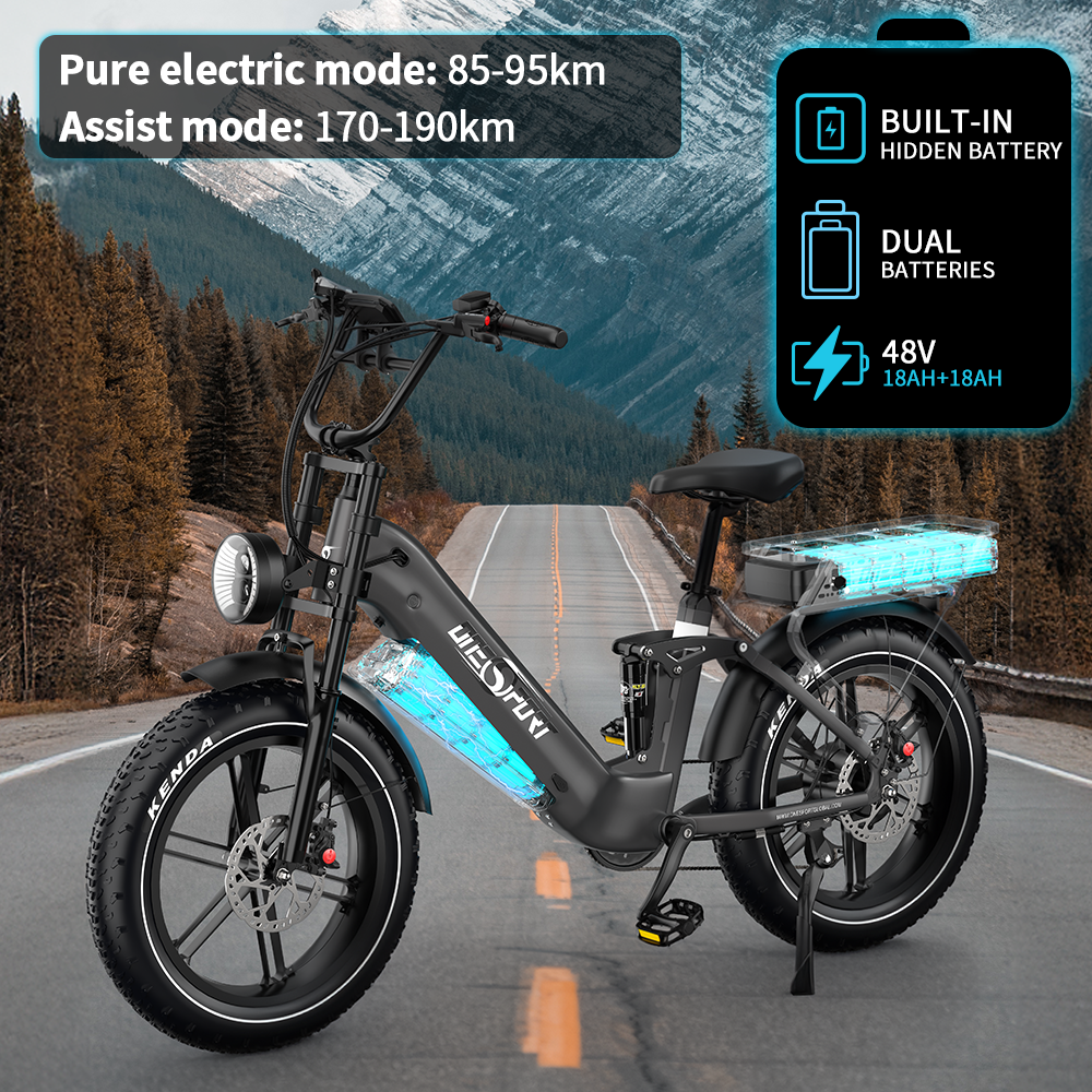 Una bicicleta eléctrica está en una carretera. Tiene batería oculta, baterías duales y una autonomía de 85-190 km.