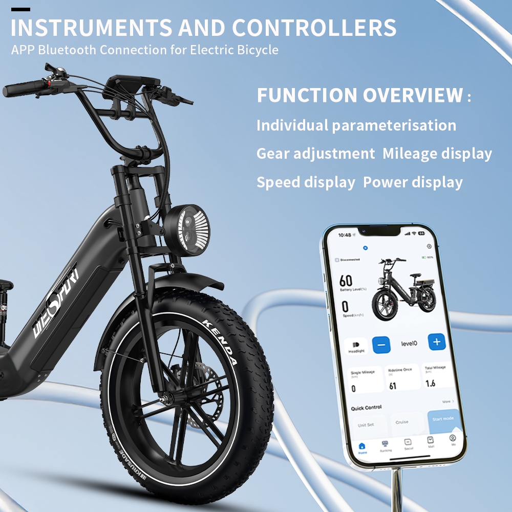 Bicicleta eléctrica negra con teléfono que muestra la interfaz de la aplicación. Incluye velocidad, nivel de batería y kilometraje.