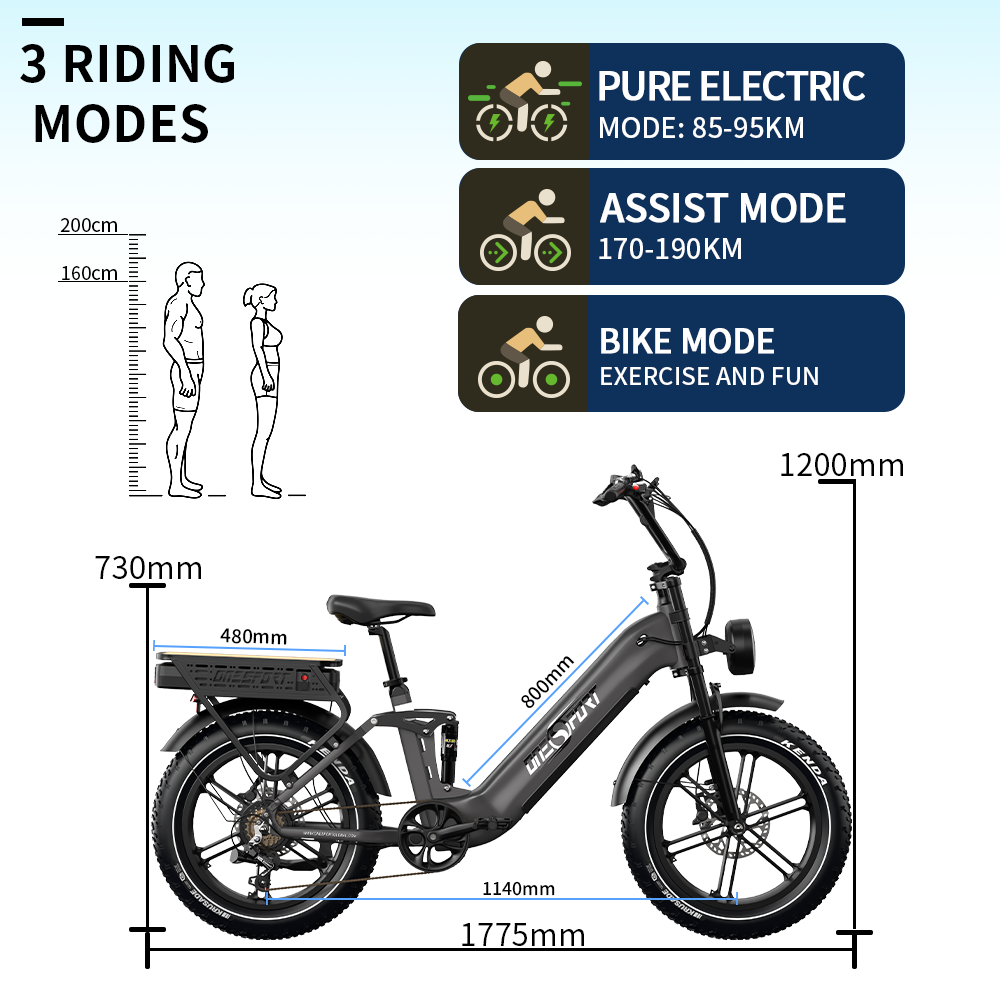 Una bicicleta eléctrica con dimensiones, 3 modos de conducción e ilustraciones. Muestra medidas de altura y longitud de la bicicleta.