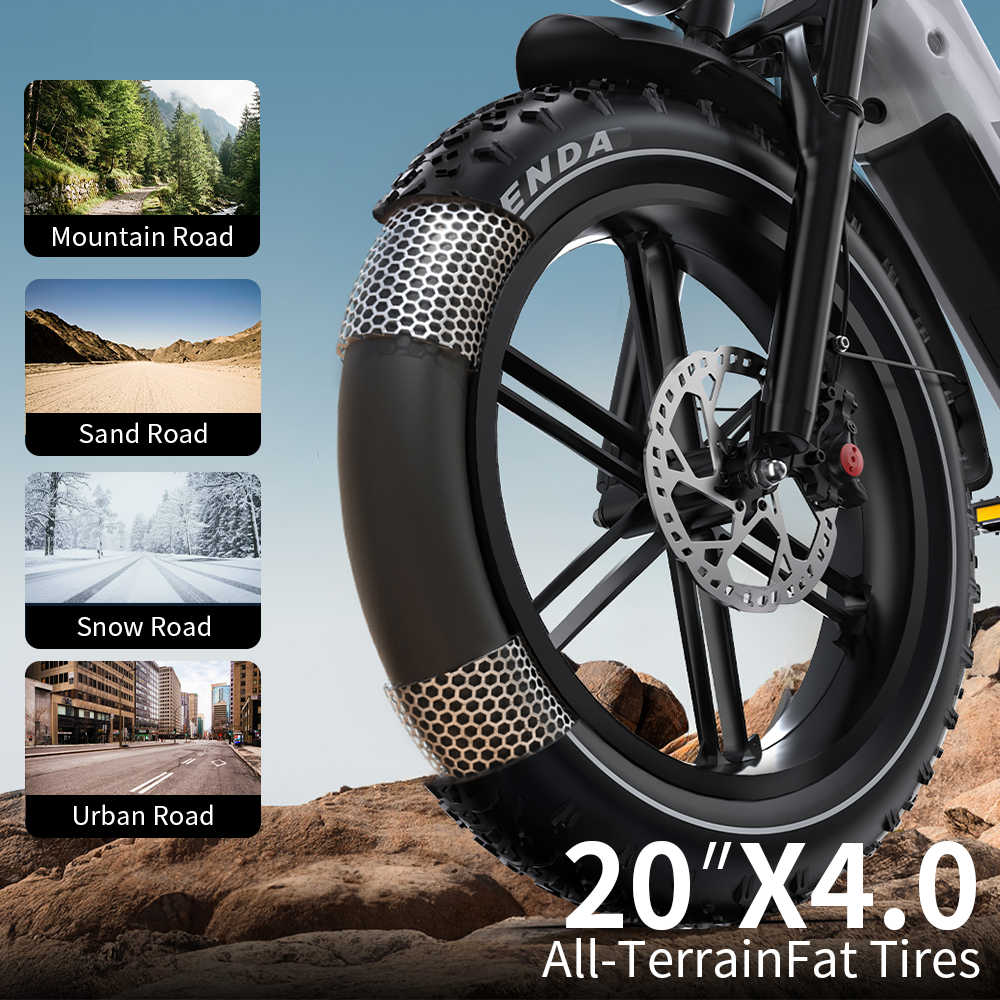 Primer plano de una llanta de bicicleta negra con el texto "ENDA". Debajo, se lee "20"X4.0 All-TerrainFat Tires". Las imágenes muestran diferentes tipos de carreteras.