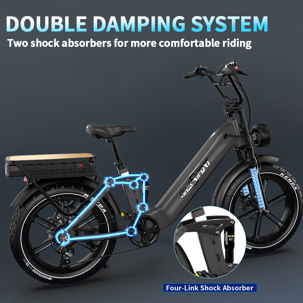 Bicicleta eléctrica negra con sistema de doble amortiguación, resaltada en azul, con texto 'Four-Link Shock Absorber'.