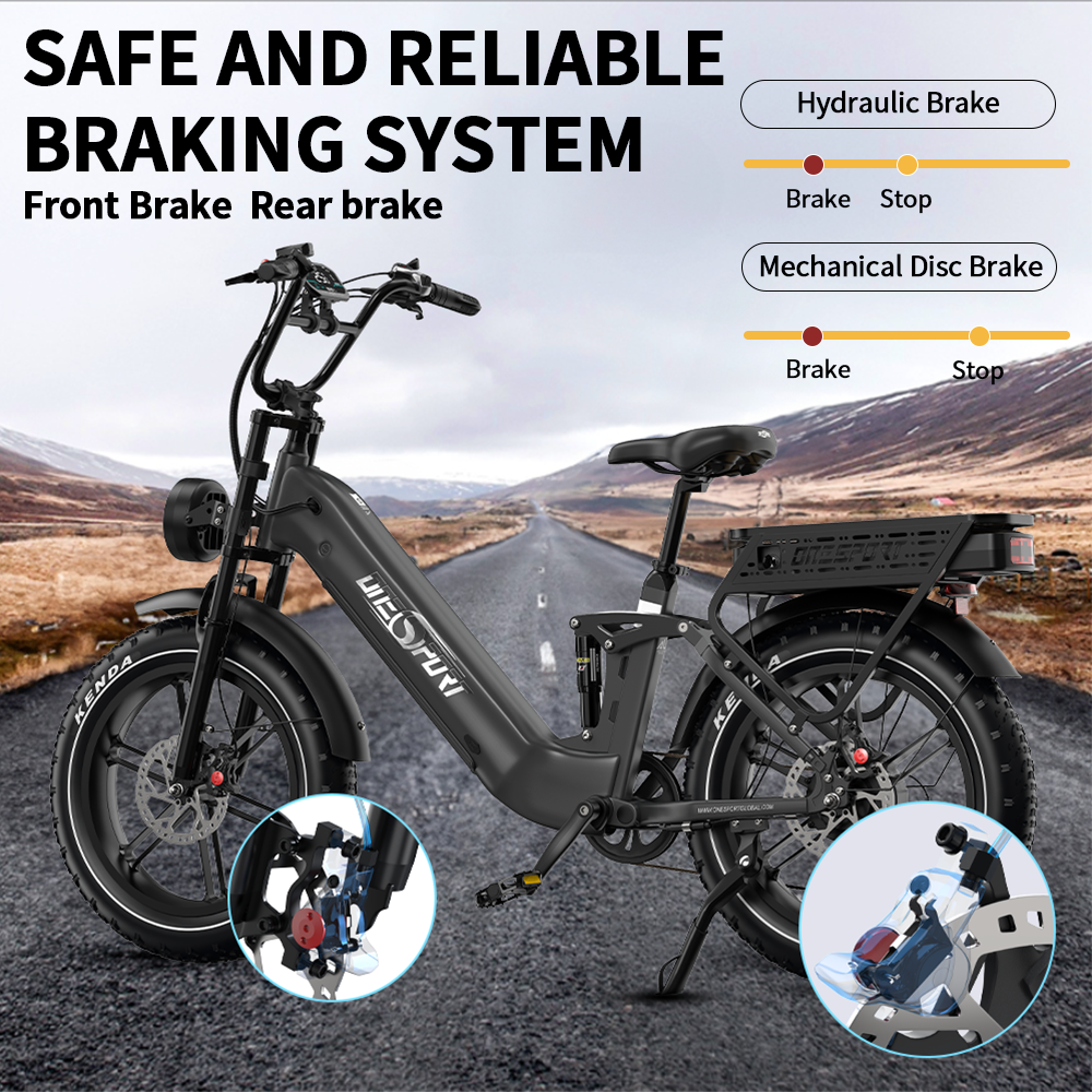 Bicicleta eléctrica negra en una carretera. Muestra frenos delanteros y traseros. Texto: 'Sistema de frenado seguro y fiable'.