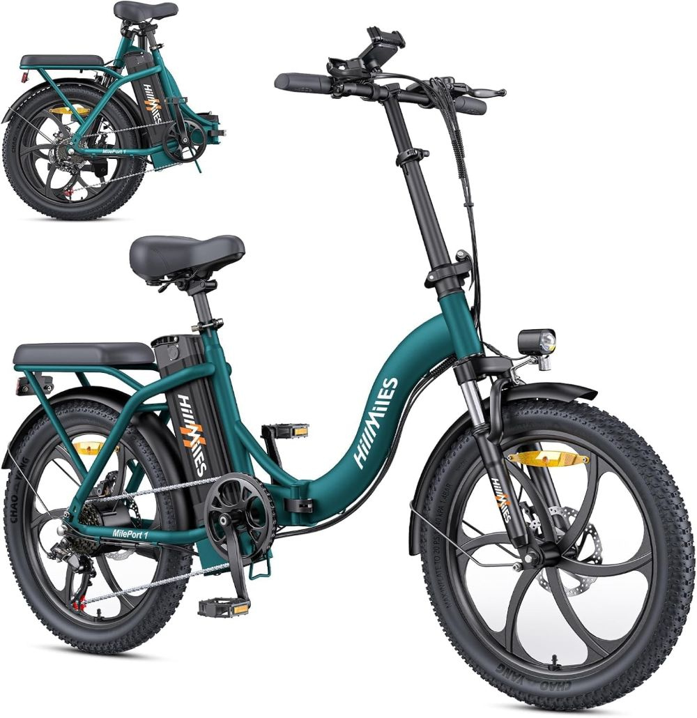 Se muestra una bicicleta eléctrica de color turquesa con neumáticos y componentes negros sobre un fondo blanco.