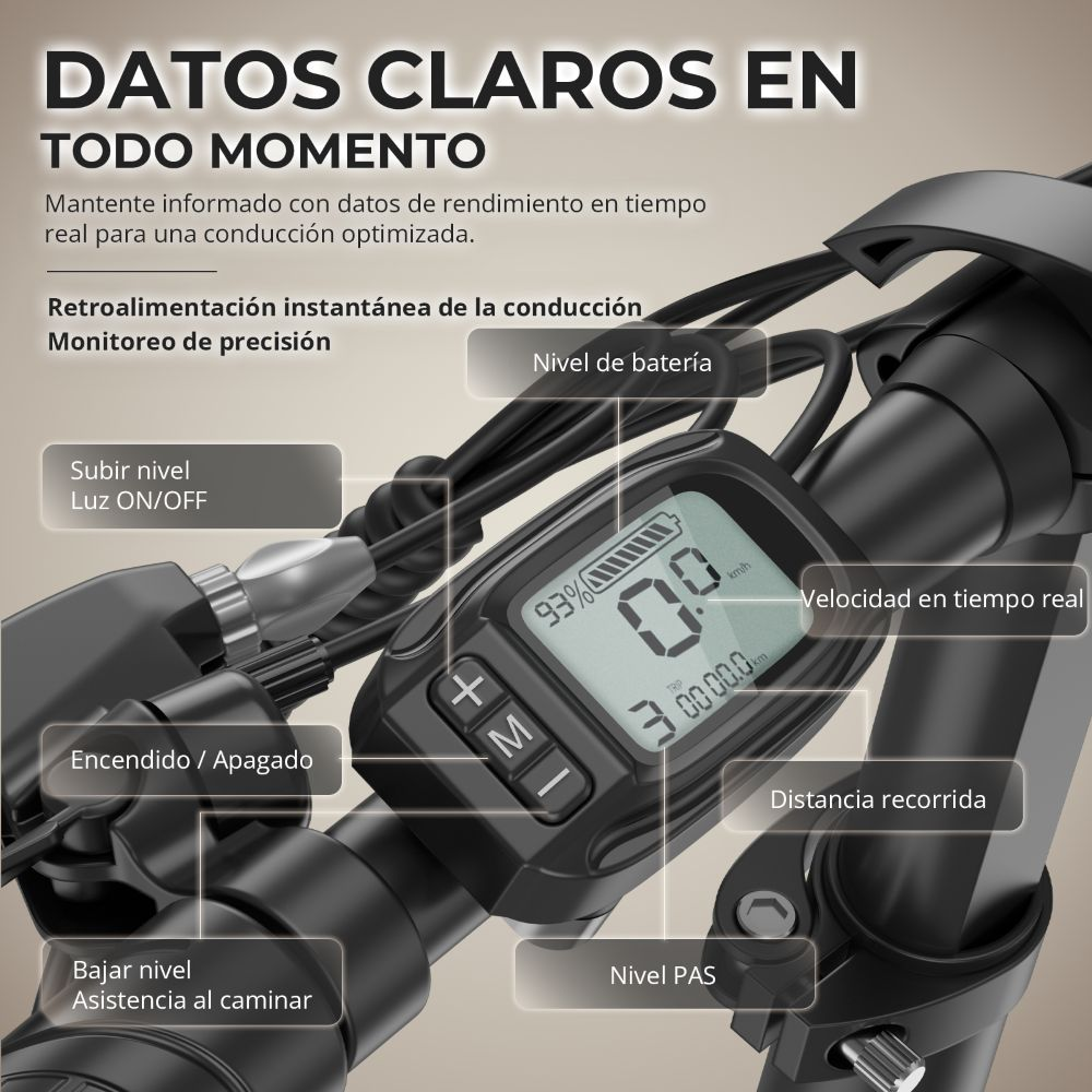 Primer plano de una pantalla de e-scooter que muestra velocidad, nivel de batería, distancia y botones de control. Fondo borroso.
