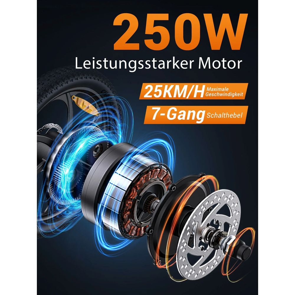 Motore per bici elettrica da 250W. Mostra 25KM/H max e 7 marce. L'immagine evidenzia i componenti interni del motore.