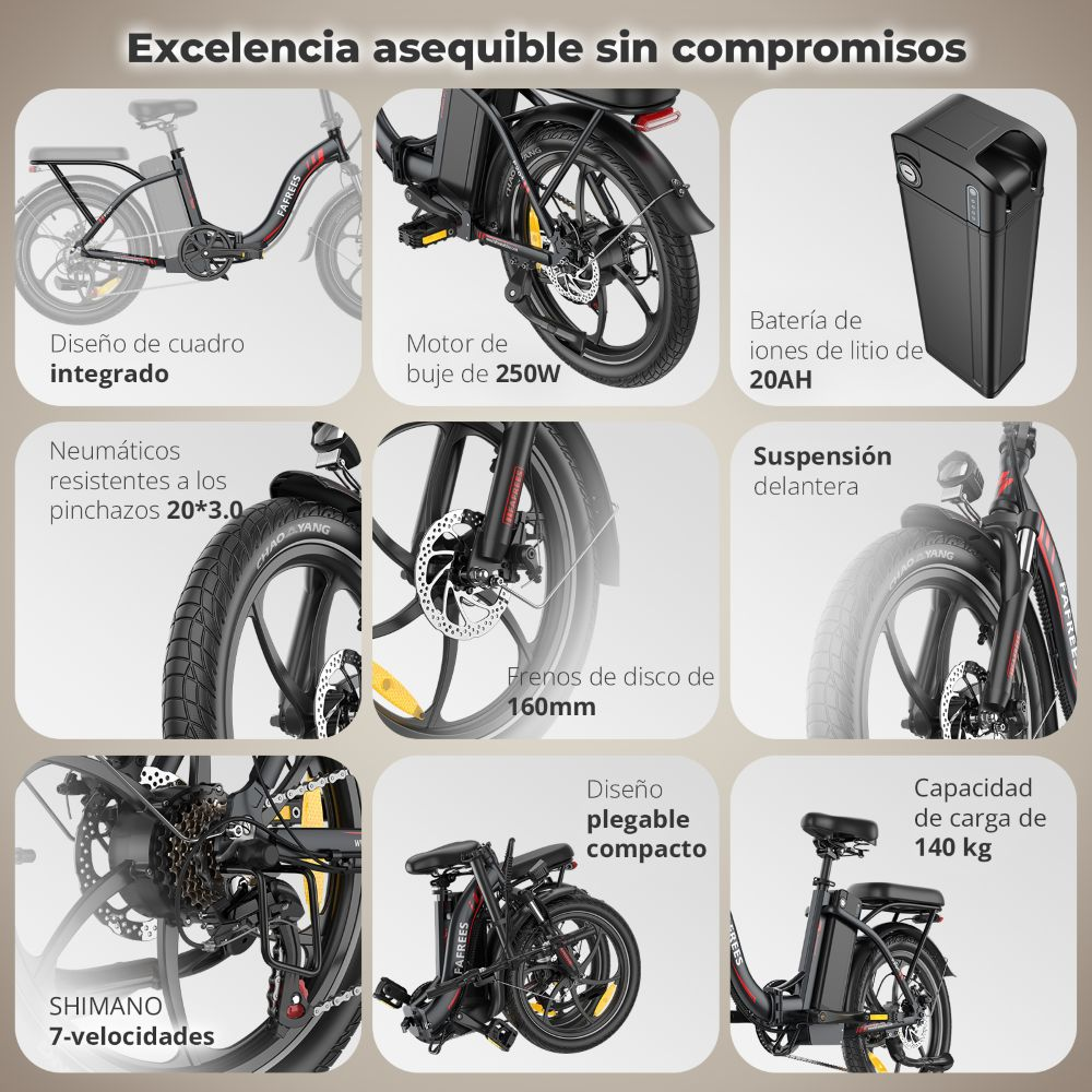 Anuncio de una bicicleta eléctrica plegable, mostrando sus características como batería, motor y frenos de disco.