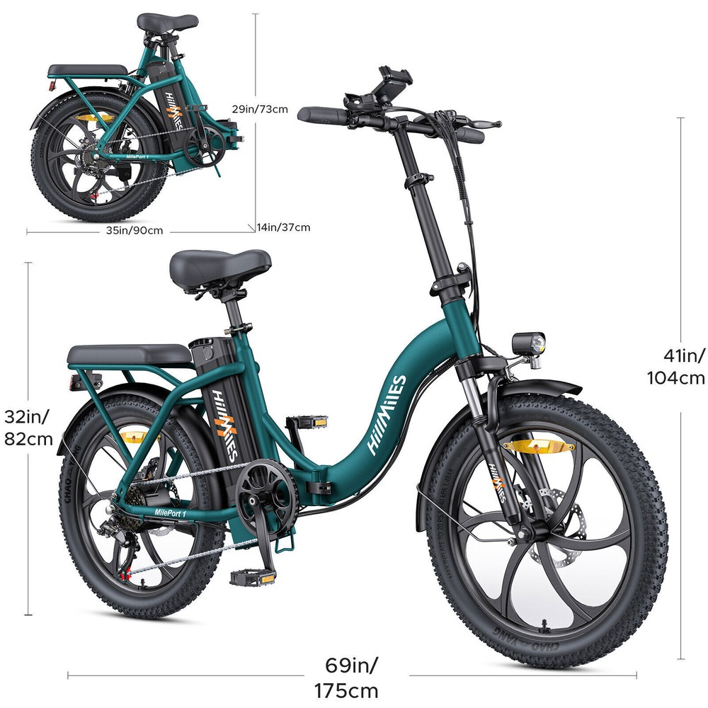 Una bicicleta eléctrica turquesa con neumáticos y asiento negros, con dimensiones etiquetadas. Una imagen más pequeña muestra la bicicleta plegada.