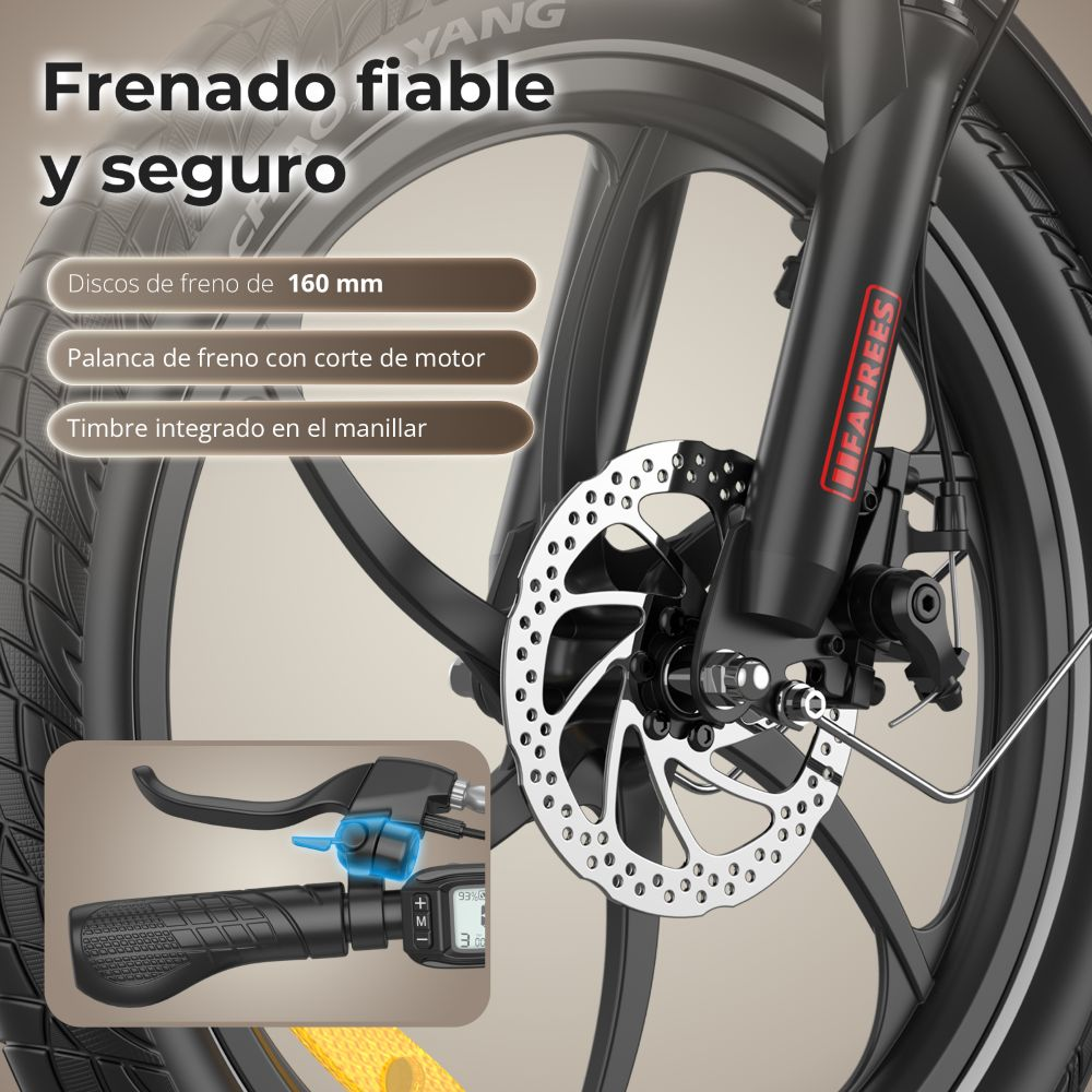 Primer plano de una rueda de bicicleta con texto que destaca características: frenado fiable, discos de freno de 160 mm, palanca de freno con corte de motor y timbre integrado.