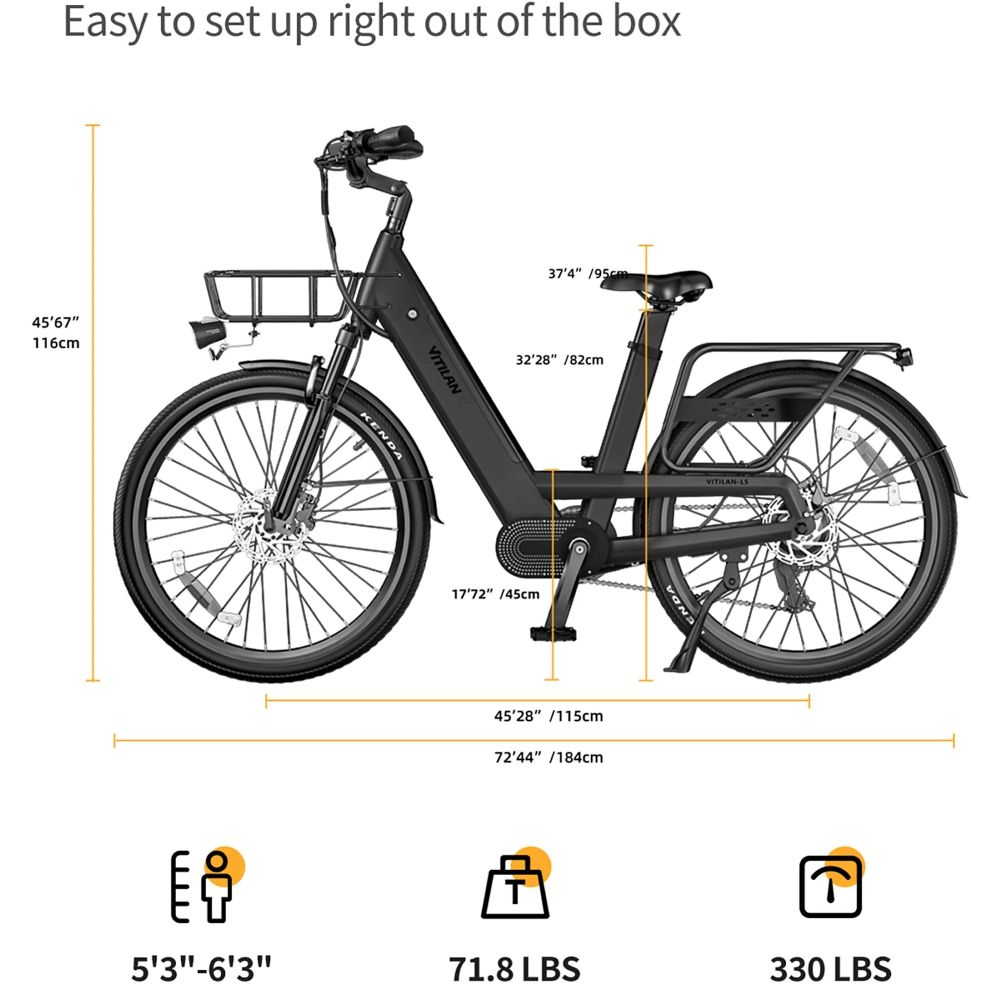 Una bicicleta eléctrica Vitilan negra. Se muestran las dimensiones. El texto dice: Fácil de configurar. También se muestran estadísticas.