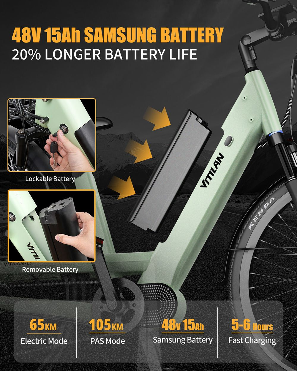 Una bicicleta eléctrica con batería bloqueable y extraíble, con detalles sobre la duración, distancia y tiempo de carga.