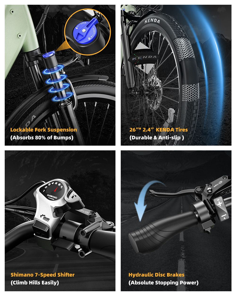 La imagen muestra partes de una bicicleta: suspensión de horquilla, neumático, cambio Shimano y frenos de disco hidráulicos. Cada parte está etiquetada.
