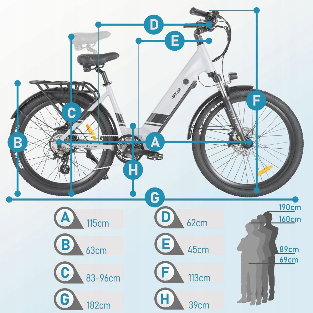 Una bicicleta eléctrica blanca y negra con dimensiones etiquetadas. Incluye comparaciones de altura para diferentes alturas humanas.