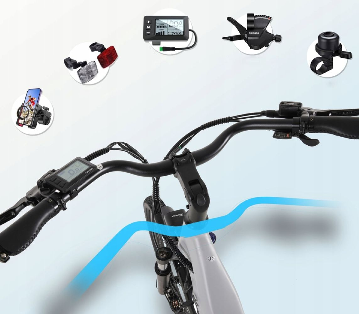Un manillar de bicicleta con accesorios como una pantalla, luces y un soporte para teléfono. El cuadro es blanco. Líneas azules.